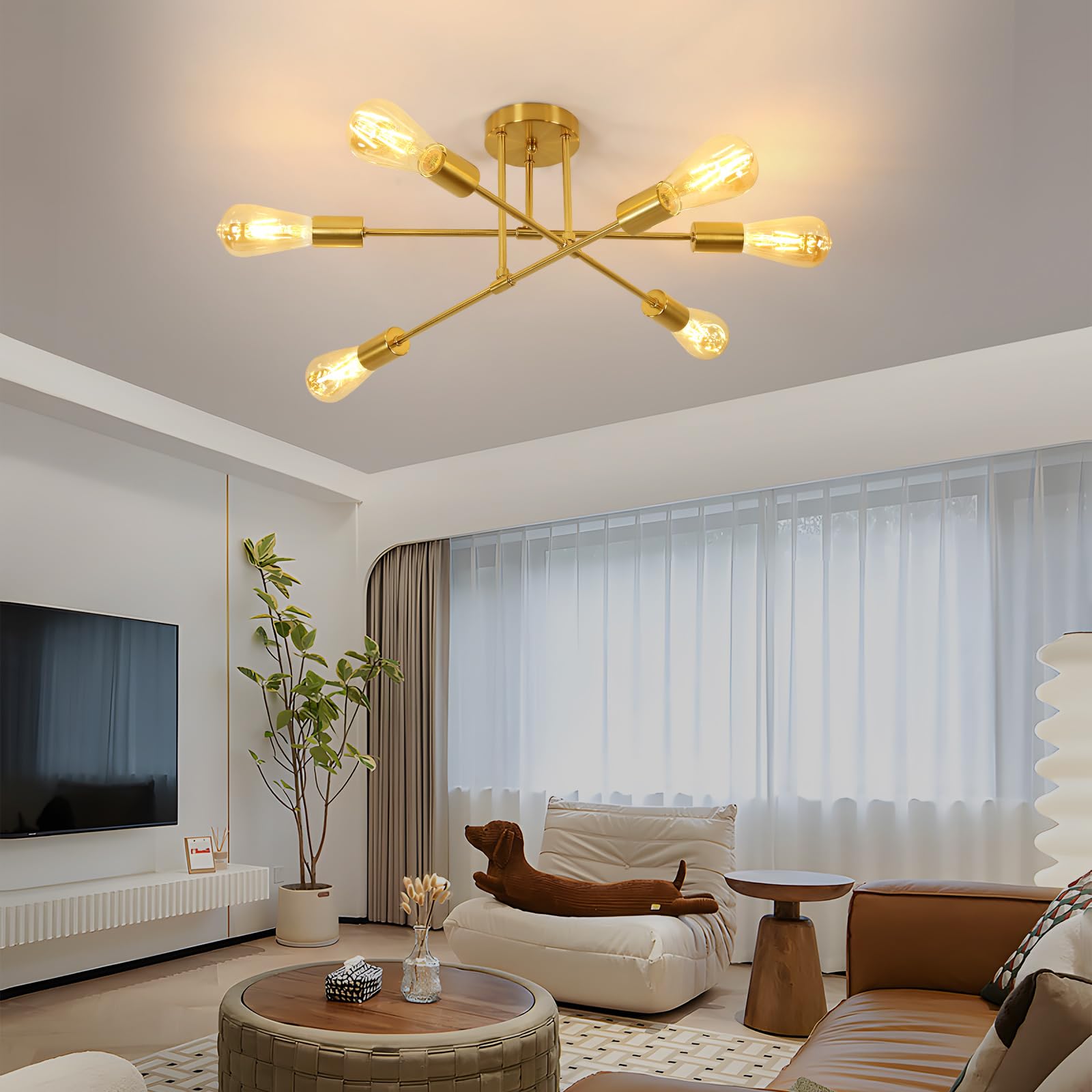 DELIPOP Lámpara de Techo Industrial, 6 Luces E27 Plafones de Techo Modernos, Orientable 180° Lámpara de Araña para Dormitorio Sala de Estar Cocina Salón Comedor
