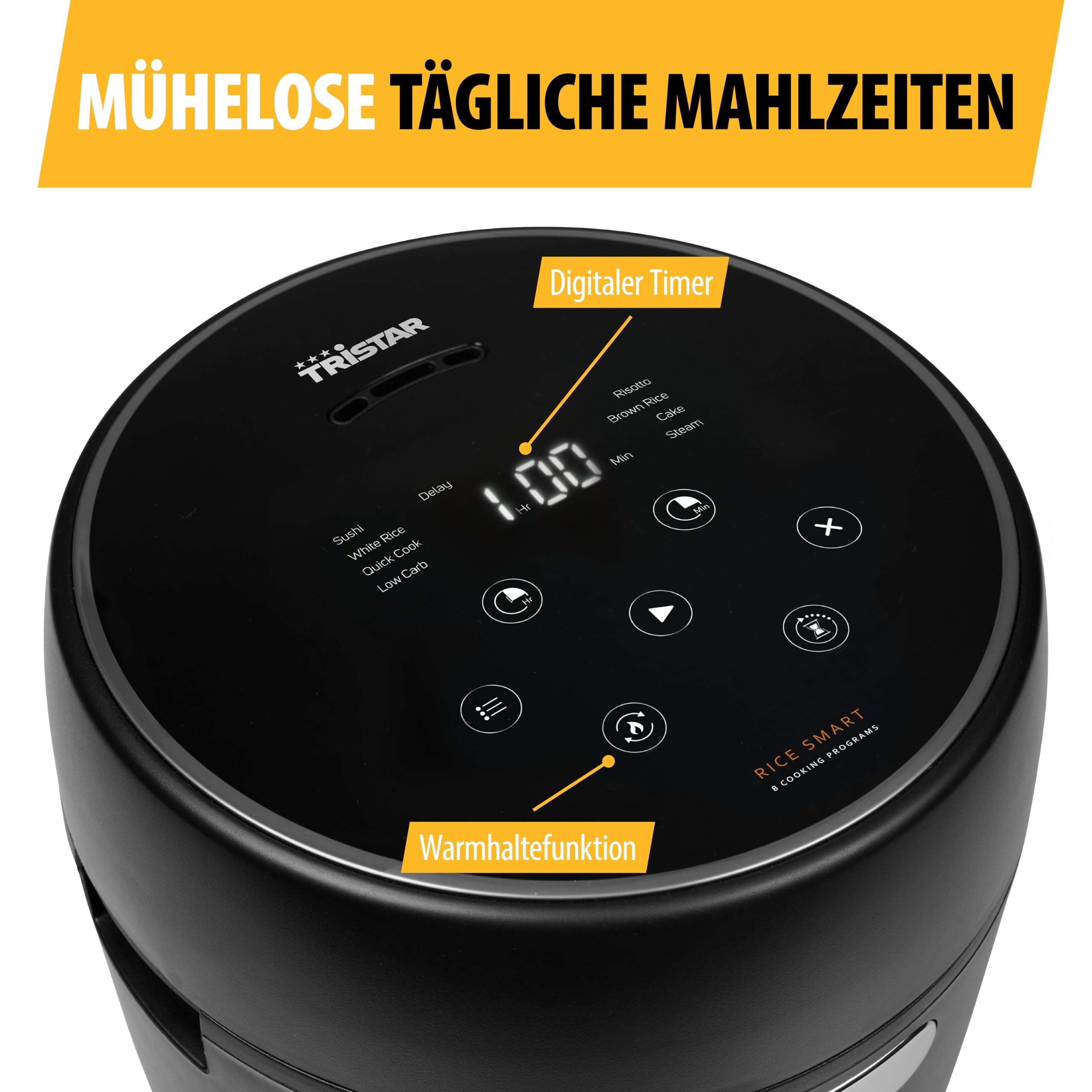 Tristar Digitaler Reiskocher mit Low-Carb-Funktion, 8 Automatikprogramme, 0,6 L Reis Kapazität, Digitales Bedienfeld, Leicht zu Reinigen, RK-6238