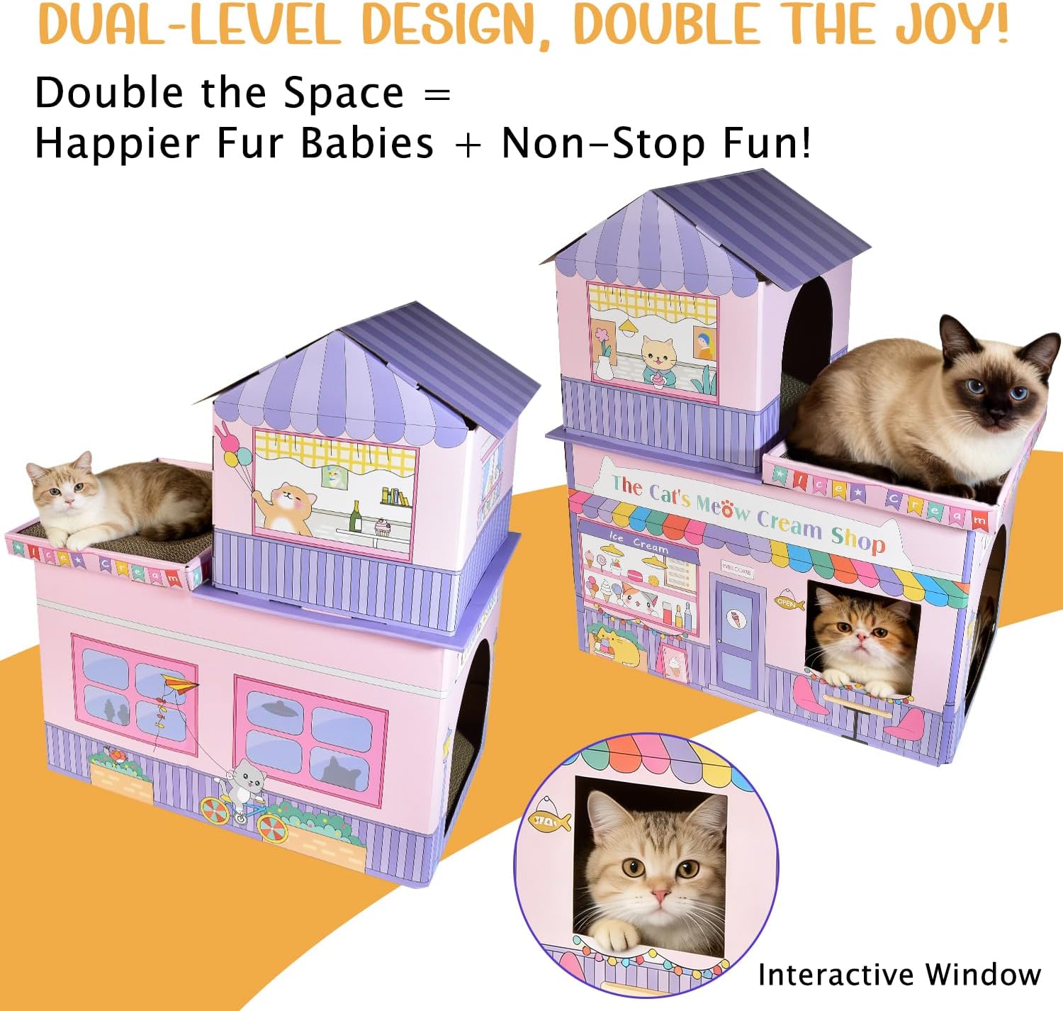 Cardboard Cat House for Indoor Cats, Double Layer Cat Scratcher House for Large Kitty Rabbit Bunny, Scratch & Sleep 2 in 1 Design, Durable & Easy to Assemble Scratching Bed (Ice Cream Shop)