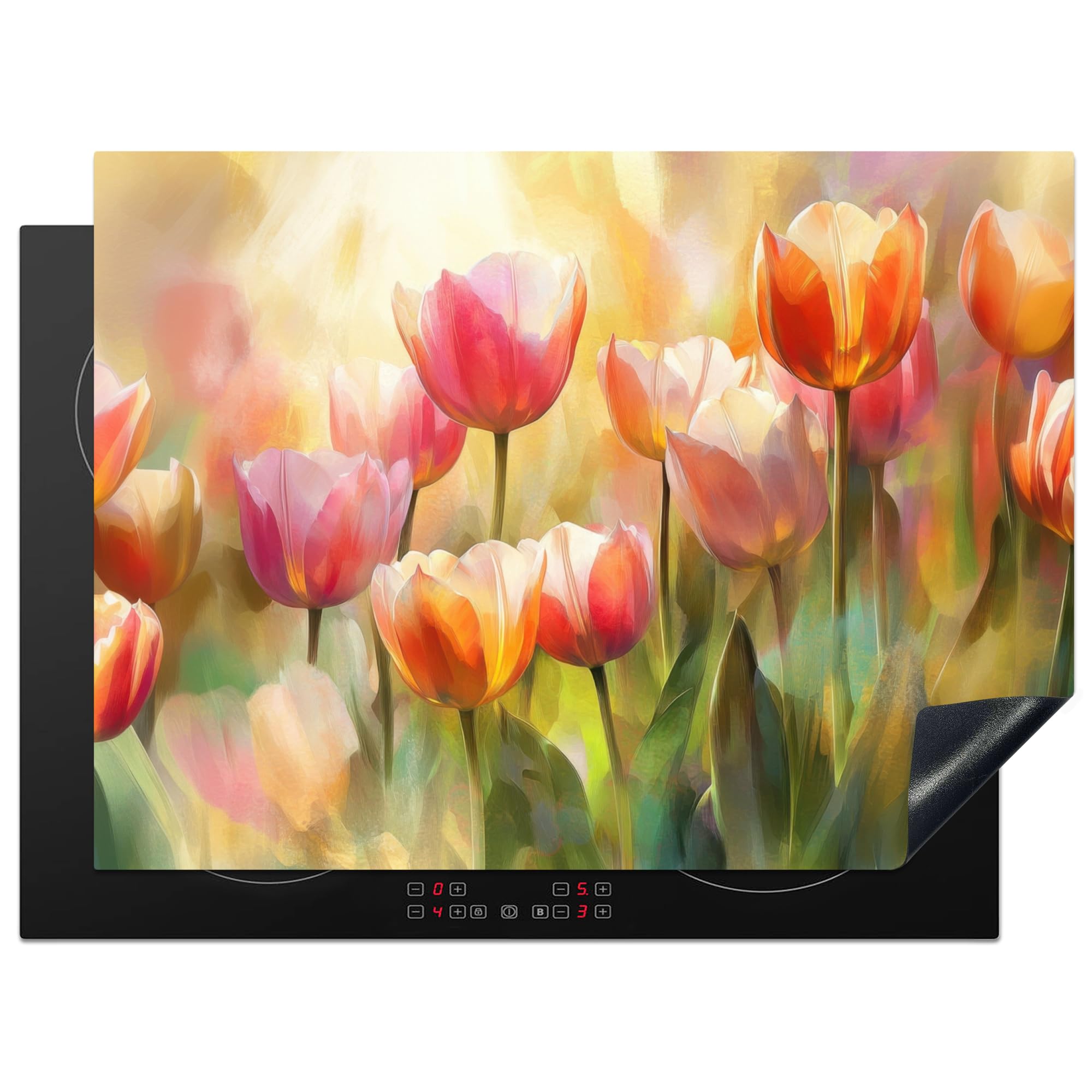 KitchenYeah© Induction Hob Cover Protector Mat 20.5"x27.6" / 70x52 cm Kitchen Universal Ceramic Covers for Electric Cookers Vinyl Tulips - Fairytale - Colourful