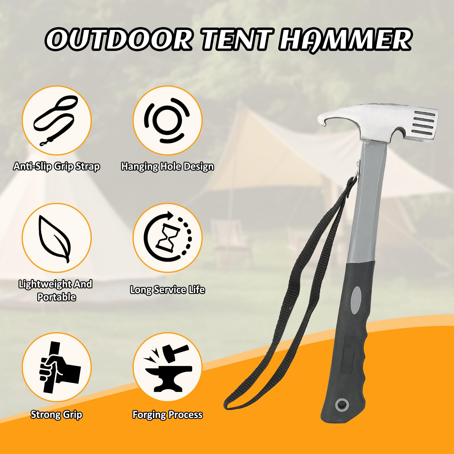 Marteau de Camping, 30 x 11 cm Maillet de Tente en Acier au Carbone avec Crochet, Marteau de Camping en Plein Air, Marteaus de Piquet de Tente Pegs Stake Nail Extracteur Remover pour Extérieur