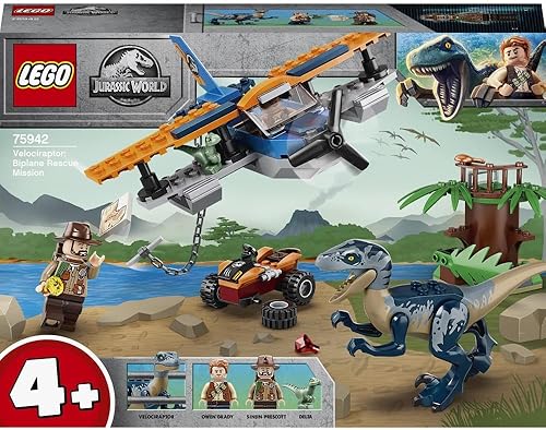 Miniatura 2 de LEGO 75942 Jurassic World 4+ Velociraptor Misión de rescate de biplano Dino Juguetes para niños preescolares