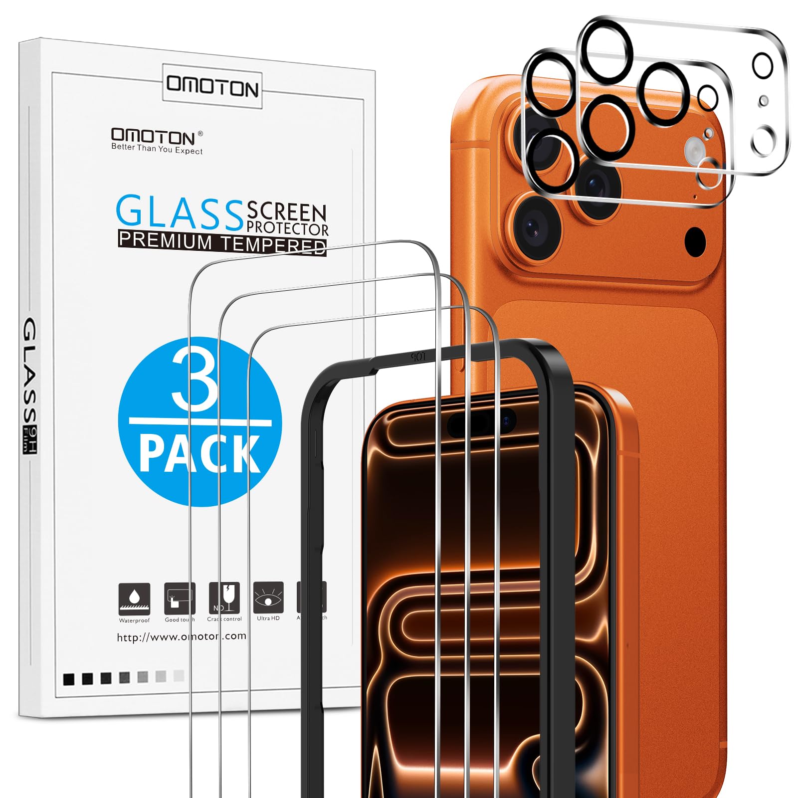 OMOTON für iPhone 17 Pro Max Panzer Schutz Glas mit Rahmen-Installationshilfe, kompatibel mit iPhone 17 Pro Max Kamera Schutzfolie, Anti- Kratzer, Bläschenfrei, 9H Härte Folie, 3+2 Stück
