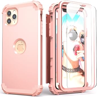 IDweel for iPhone 11 Pro Max Case with Tempered Glass Screen Protector,Hybrid 3 in 1 Shockproof Slim Fit Heavy Duty Protection Hard PC Cover Soft Silicone Bumper Full Body Case, Rose Gold