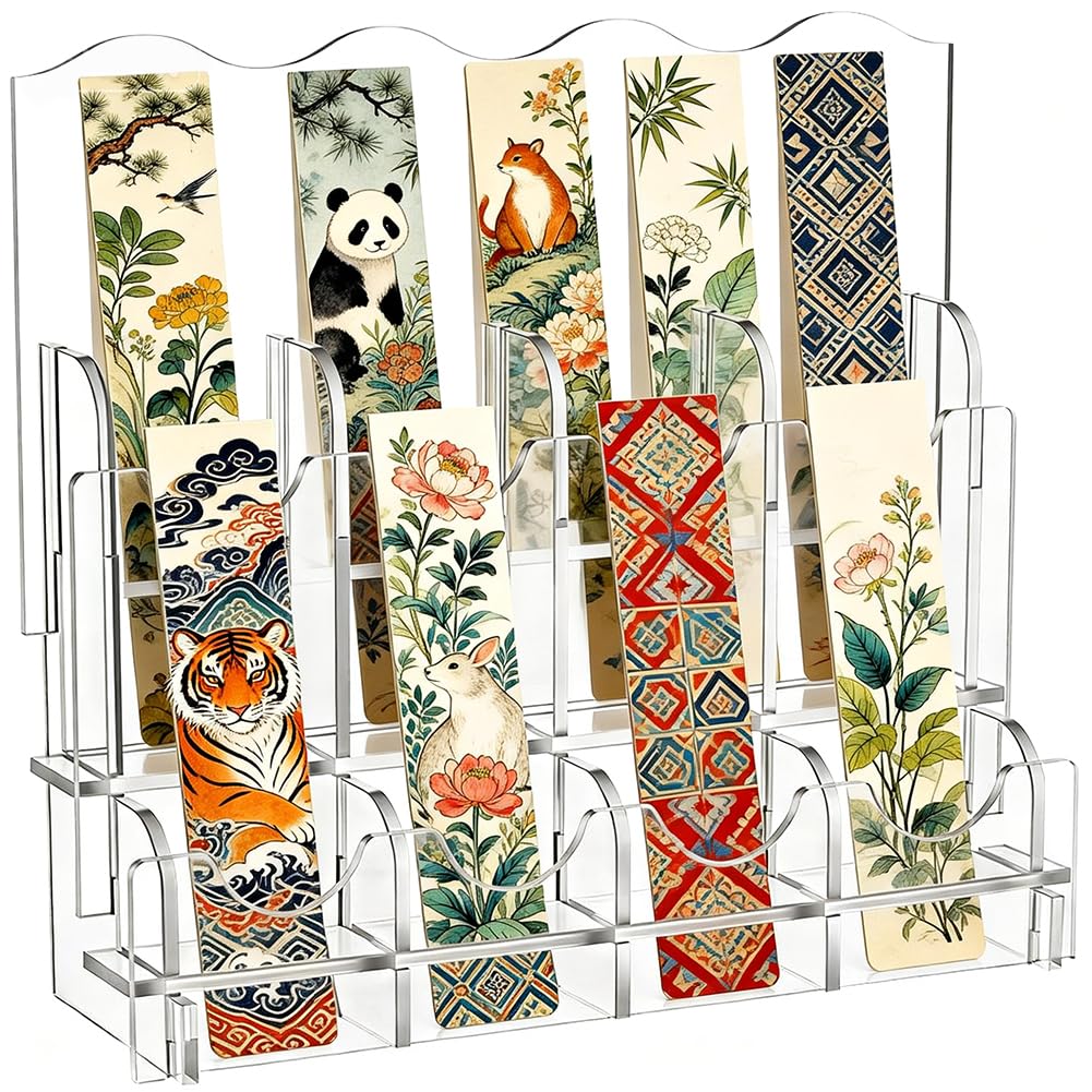 NBEADS 2 Tier 8 Grids Acrylic Bookmark Display, Clear Sticker Display Stand Suitable for Greeting Card Postcard Photos Brochure Holders Perfect for Retail Stores Vendor Booths Craft Fair