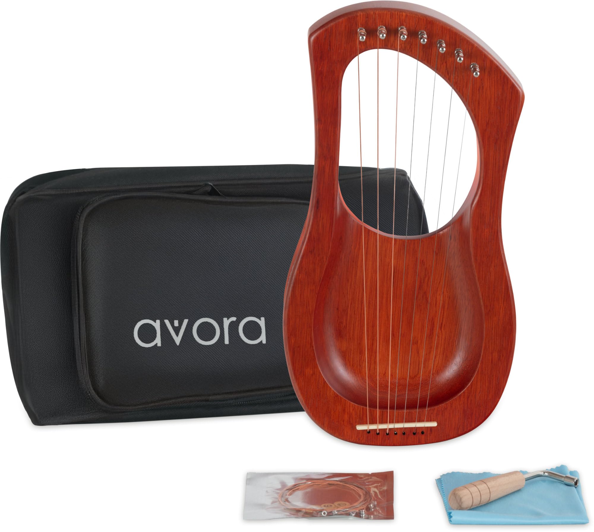 Avora Lyra Arpa in mogano – 7 corde pentatoniche in acciaio, borsa e chiave di accordatura – strumento spirituale per musicoterapia e viaggi sonori.