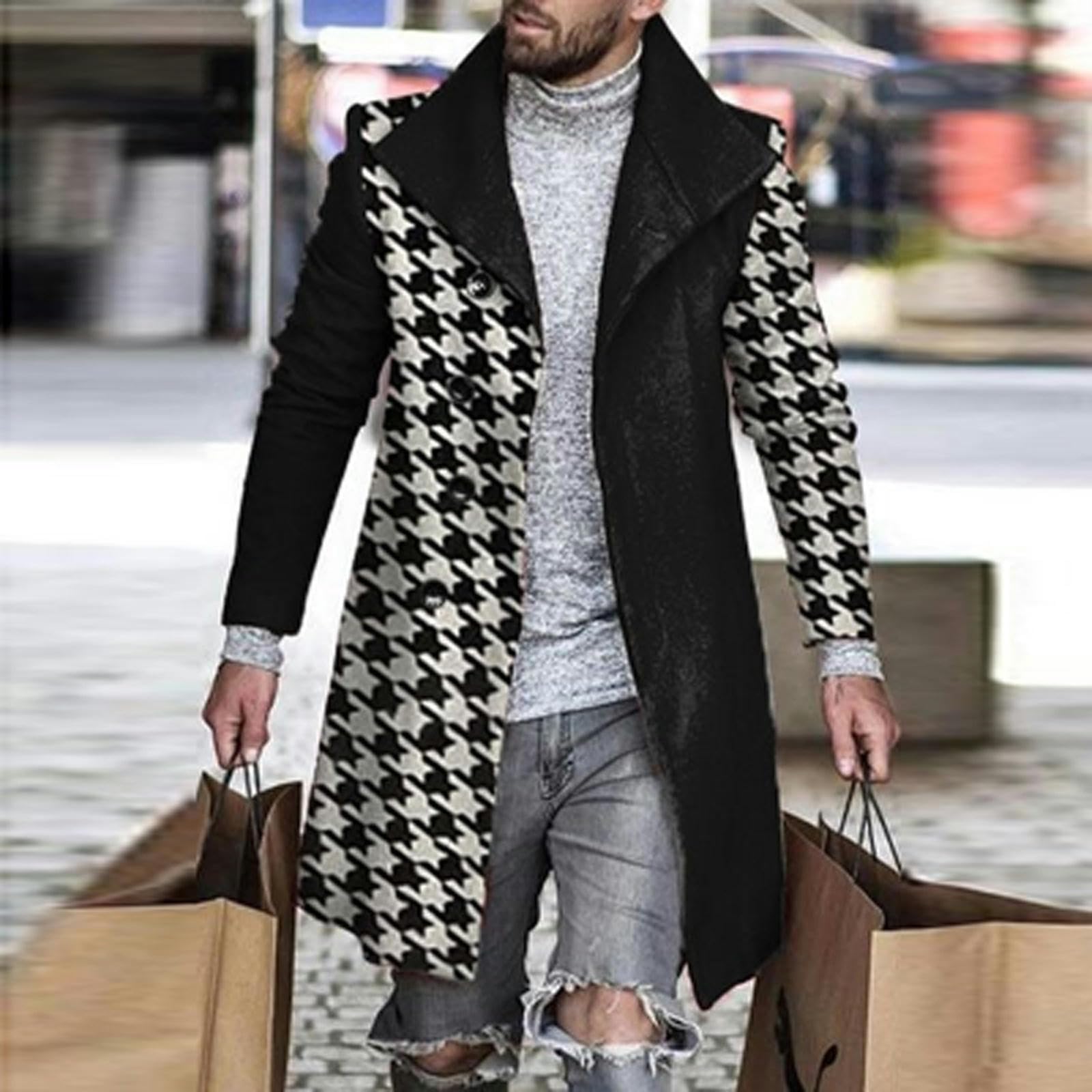 Cappotto di Lana con Impunture con Stampa Pied de Poule retrò Uomo Casual Giacca con Bottoni con Colletto rovesciato Autunno Inverno Tasca Lunga Giacca a Vento da Uomo