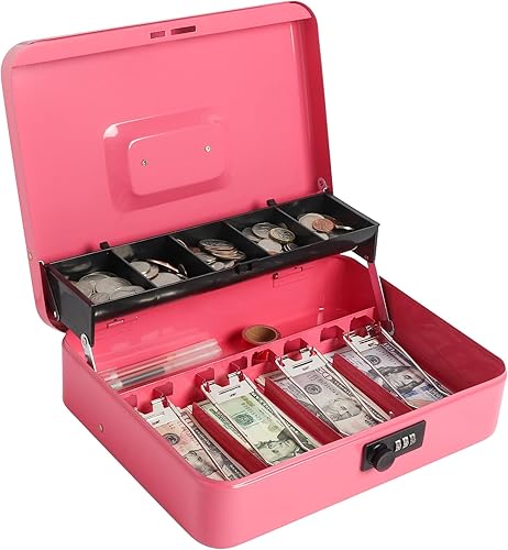 Miniatura 10 de Caja de efectivo grande con cerradura de combinación, caja de dinero de metal para efectivo, caja de bloqueo Lovndi con bandeja de dinero, caja de
