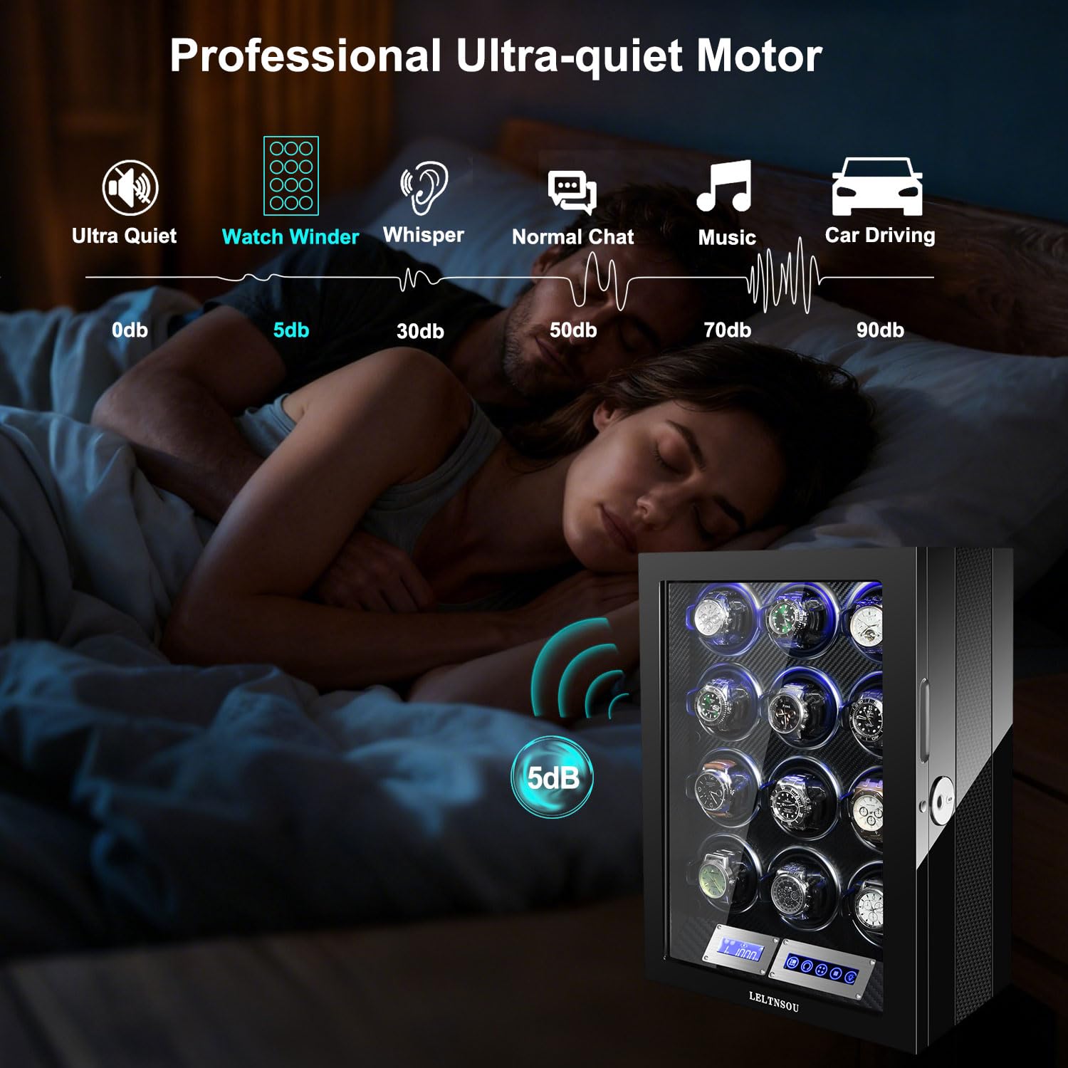 Uhrenbeweger für 12 Aufziehplätze, automatische Uhren mit Fingerabdruck-Entriegelung, ultra-leisen japanischen Motoren, integrierter LED-Beleuchtung und LCD-Touchscreen-Steuerung