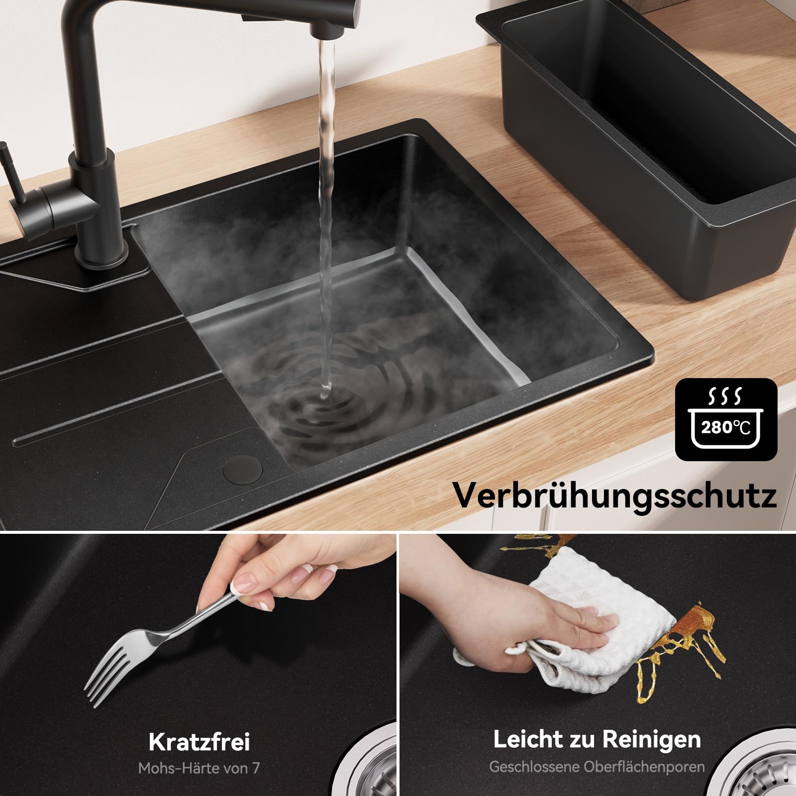 CECIPA Spülbecken Schwarz 65 x 45 cm, Granit Küchenspüle mit Siebkorb, Reversibler Installation, inkl. Siphon und Ab- und Überlaufgarnitur