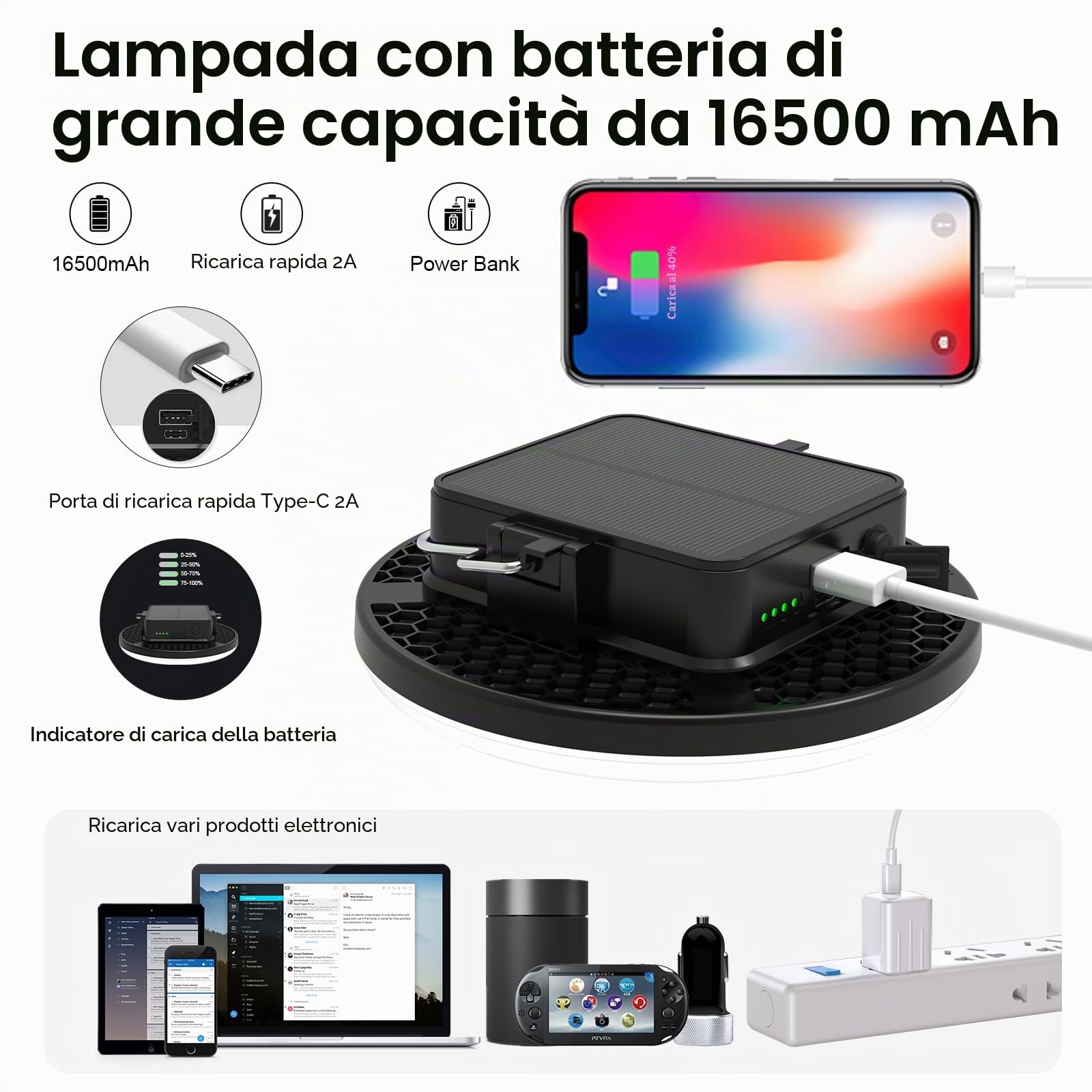 iodoo 60W Lampada da Campeggio Solare Ricaricabile, 16500mAh Portatile Power Bank Luce Campeggio, 3000LM LED Luce da Tenda, 3 Colori 2700-6500K, per Campeggio, Escursionismo ed Emergenze Familiari