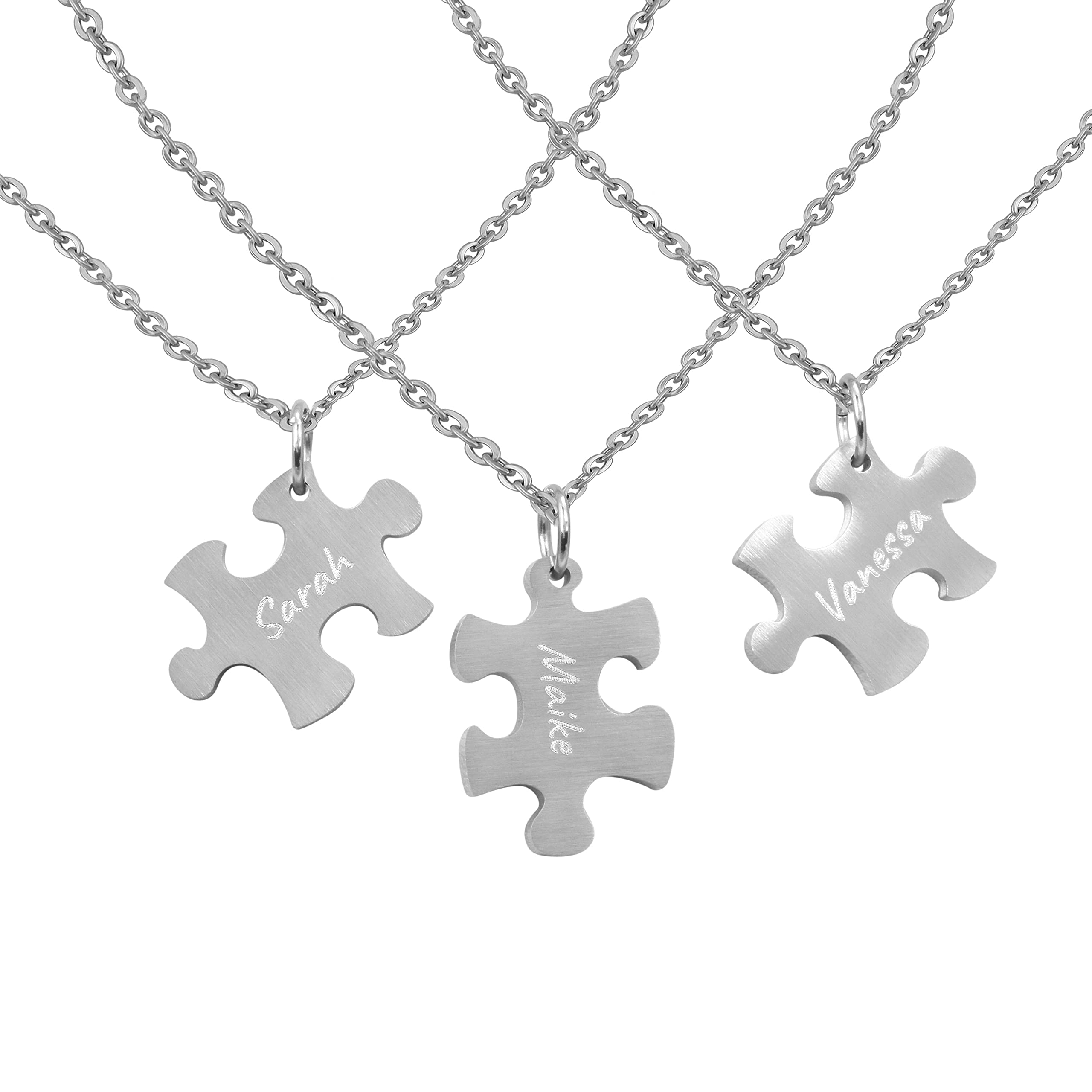 3 Stück Personalisierte Ketten Gravur Edelstahl 50 cm Puzzle "we will always be connected" in silber - Halsketten Männer und Frauen - Personalisierter Schmuck Herren Damen Freunde Geschwister