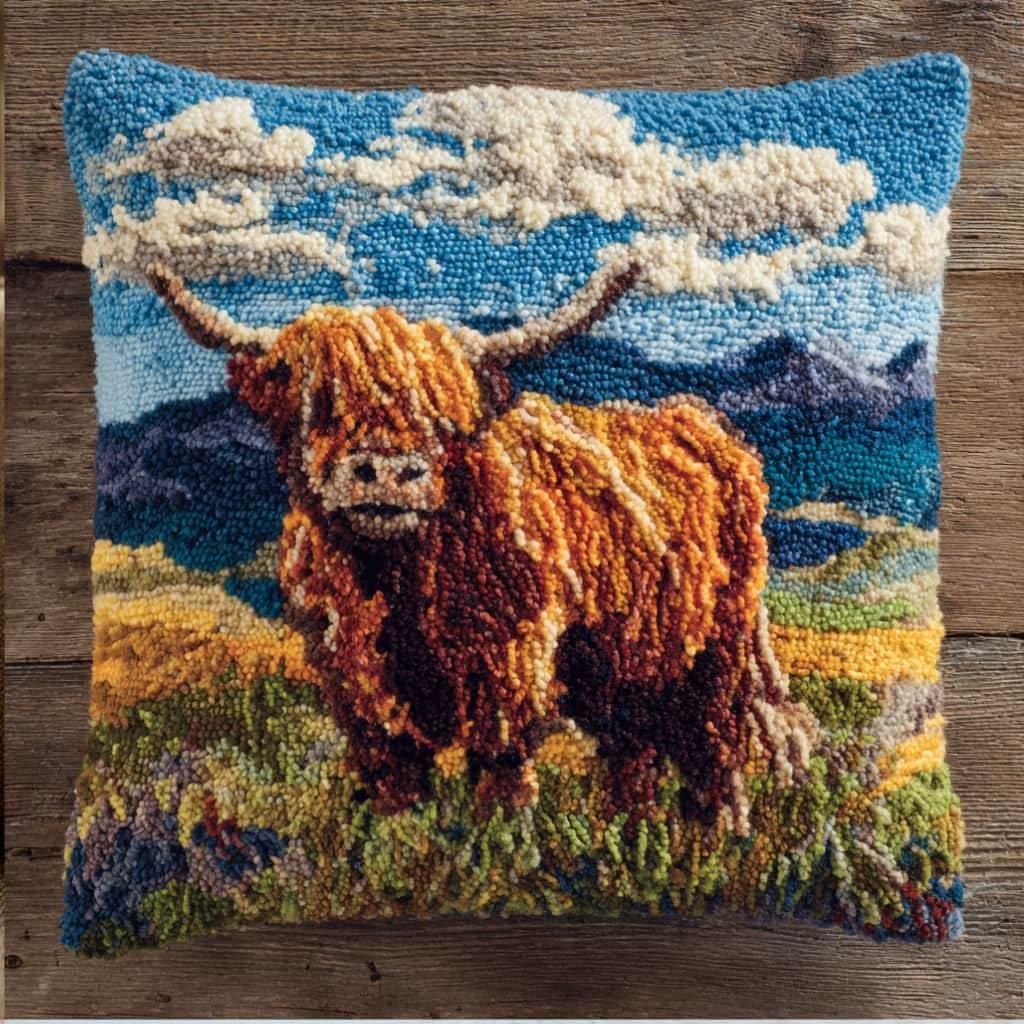 Taxpy Latch Hook Cushion Kits Highland Cattle Pillowcase Kits Embroidery Kit 17X17 Inch DIY Needlework Pillow Cover Sofa Cushion Rug Making