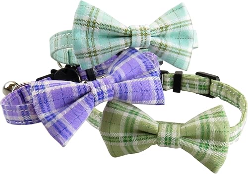 Miniatura 3 de Love Dream Collar de gato con pajarita y campana, paquete de 2 collares de gato a cuadros para gatitos, gatos, cachorros y gatitos, morado y amarillo