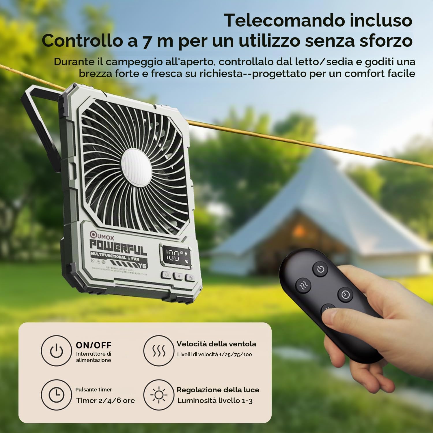 QUMOX Ventilatore da Campeggio Ricaricabile 20000mAh con Luce LED, Telecomando, 100 Livelli di Velocità, Timer 2/4/6H, Gancio e Supporto, Ventilatore Portatile per Tenda, Viaggio, Casa (Verde)