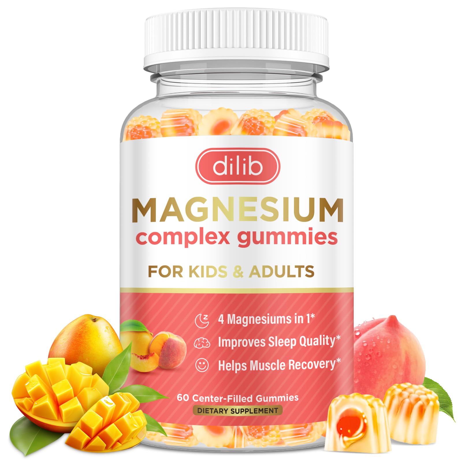 Magnesium Complex Gummies for Kids & Adults- Magnesium Glycinate, Taurate, Citrate, Malate Supplement-Support Calm Stress Relief, Bone, Muscle, Mood Vegan, Peach & Mango Flavor, 60 Gummies Peach & Mango 60 Count (Pack of 1)