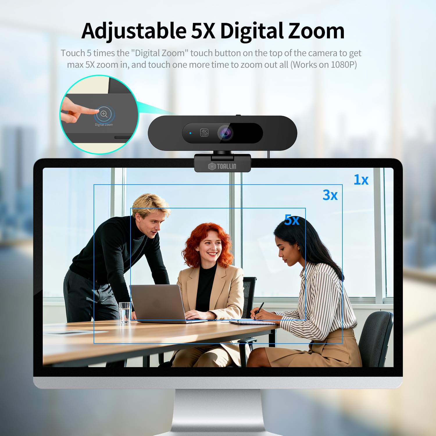 TOALLIN Cámara Web 4K para PC, Autoframing IA, WDR/HDR, Imagen en Imagen, micrófonos duales Integrados, Zoom Digital de 5X, Webcam de 92° para conferencias, Streaming y videollamadas