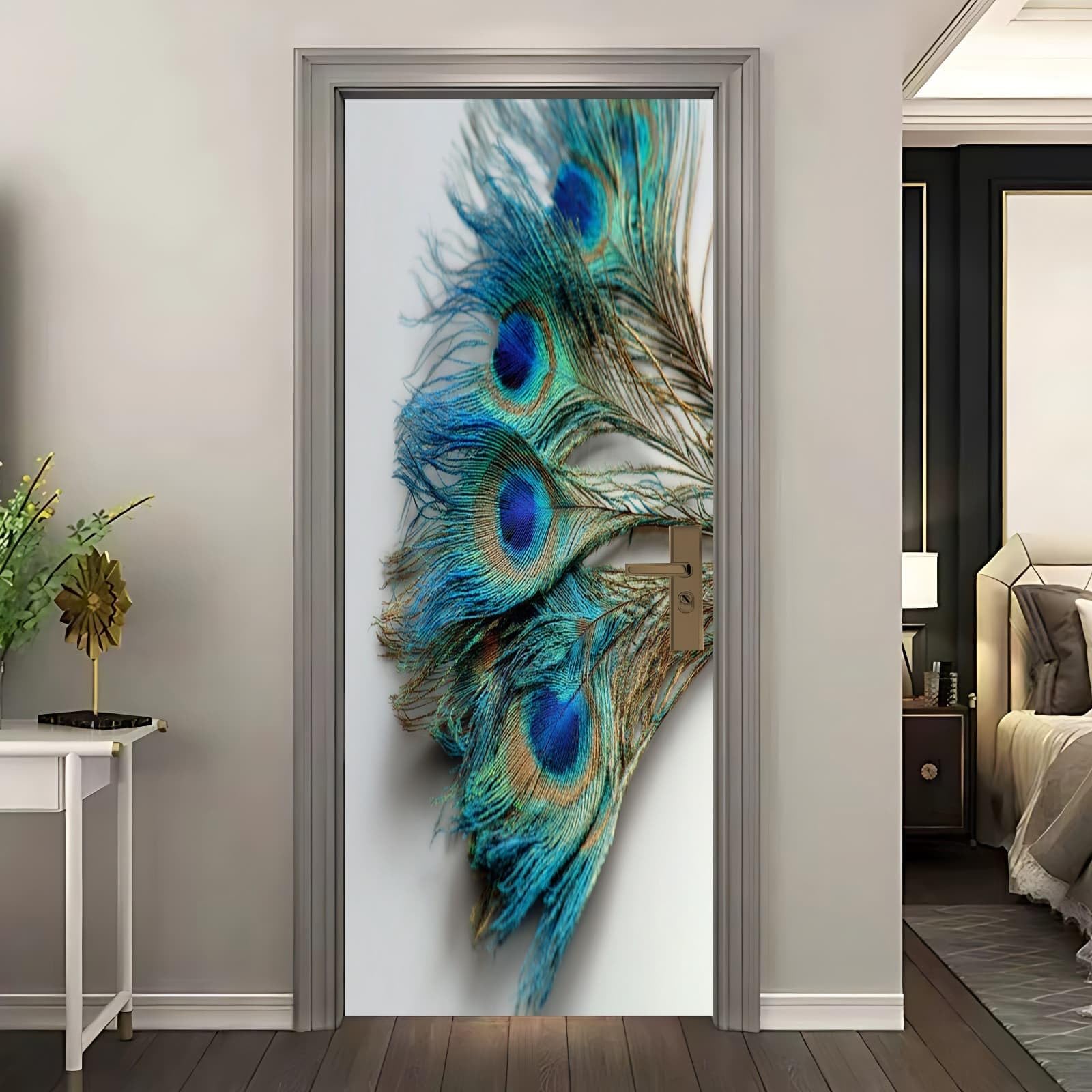 Sticker porte 3D plume de paon blanc rénovation sans colle