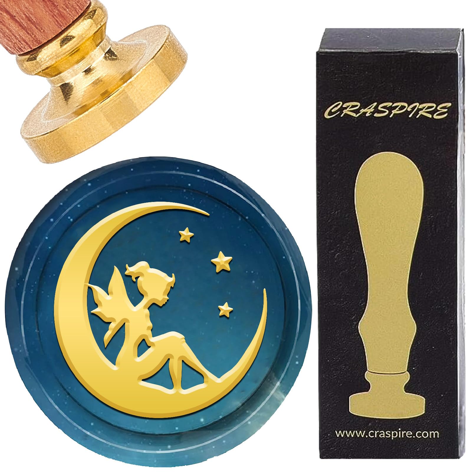 CRASPIRE Fairy Wax Seal Stamp Moon Sealing Wax Stamps 25mm Retro Vintage Removable Golden Brass Stamp Head with Rosewood Handle for Wedding Invitations Envelopes Christmas Thanksgiving Decoration