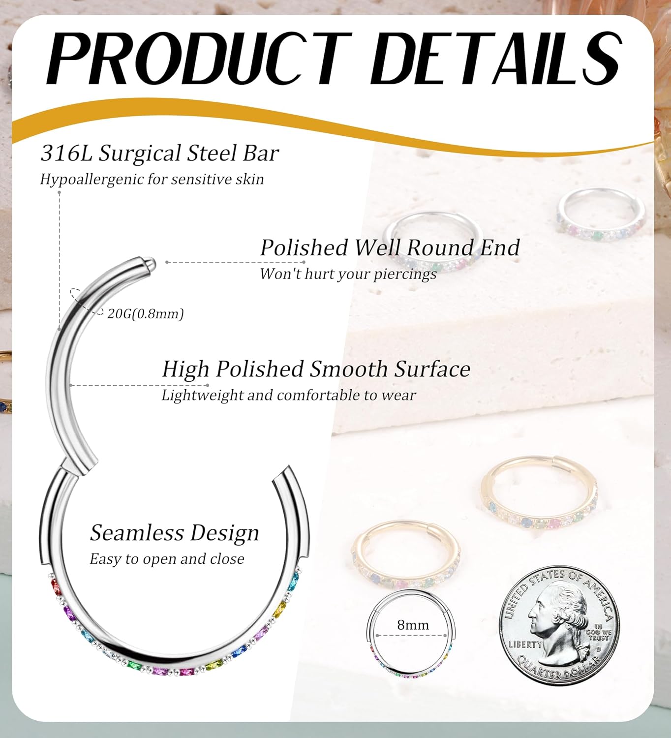 Birthstone Nose Hoops for Women Men-316L Surgical Steel Hinged Nose Hoops 20G Clicker Septum Nose Ring Lip Helix Cartilage Hoop Earring Daith Rook Conch Body Piercing Jewelry 6MM 7MM 8MM 10MM - Image 2
