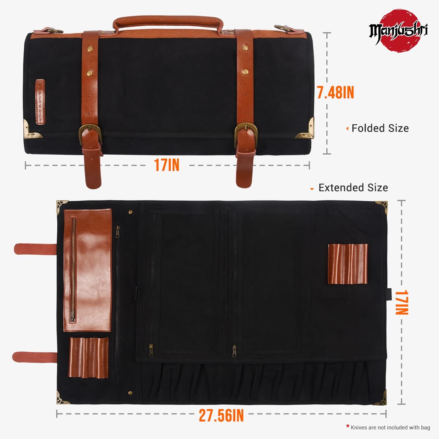 Free Shipping Offer Manjushri 12 Pockets and 5 Storage Zipper Pouch Waxed Canvas & Genuine Leather Culinary Chef Knife Folding Roll Bag Organizer