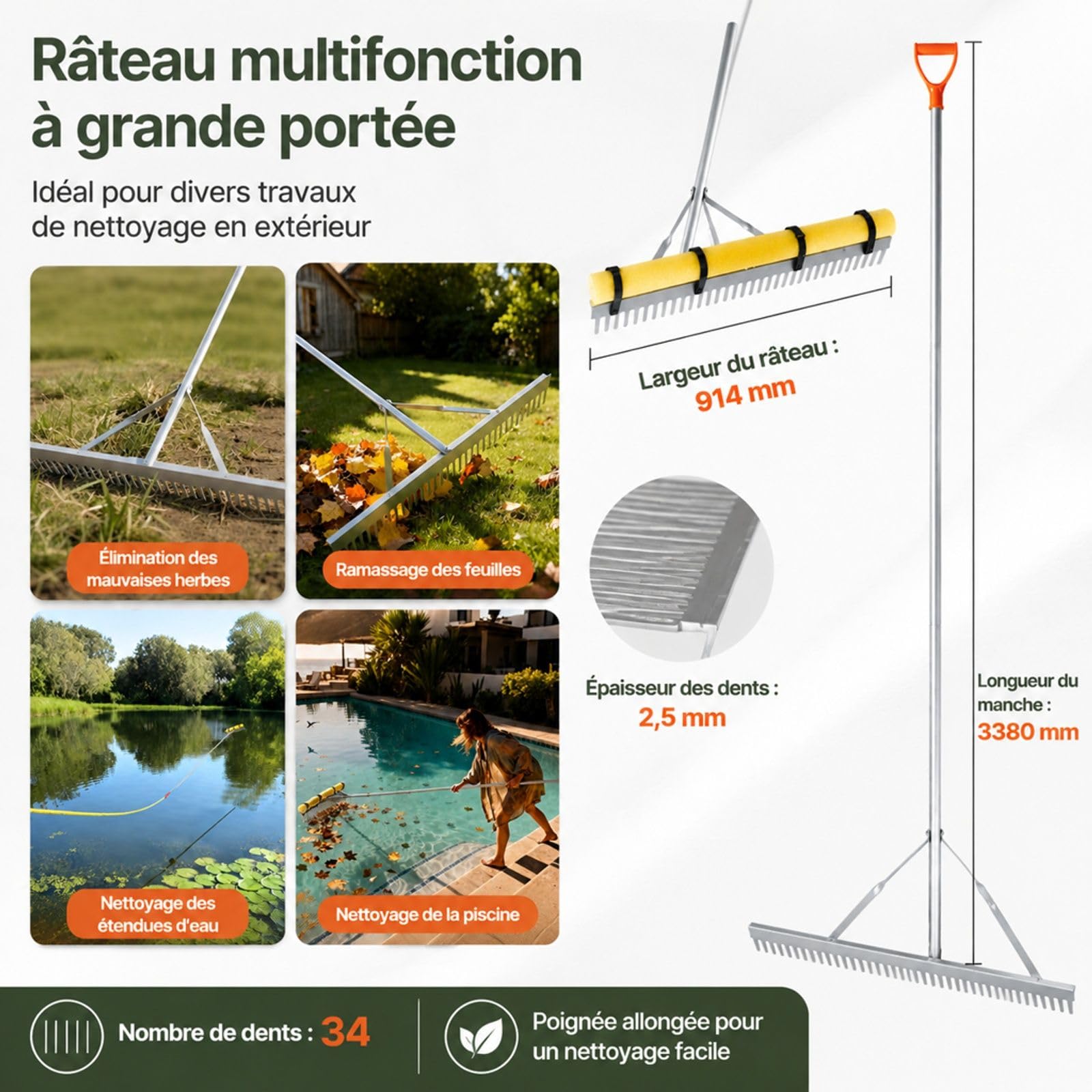 Aluminiumrechen für Laub und Gartenarbeiten, Handwerkzeug mit Stiel für Landschaftsgestaltung, Hof, Teich, Kies, Strand und Rasenpflege