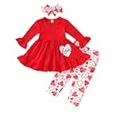 Valentine's Day Outfit Toddler Baby Girl Long Sleeve Dress Heart Print Pants Set with Headband