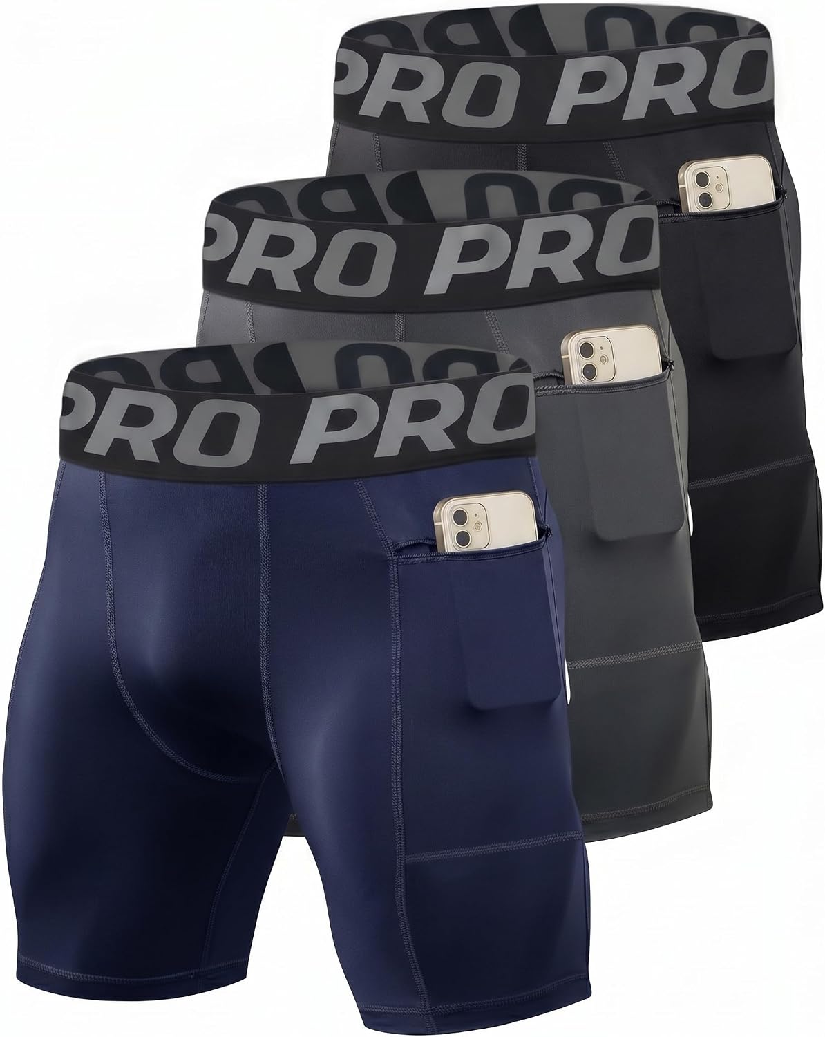 3 Pack Men's Compression Shorts with Secure Zippered Phone Pockets - Spandex Athletic Workout Gear for Running & Basketball