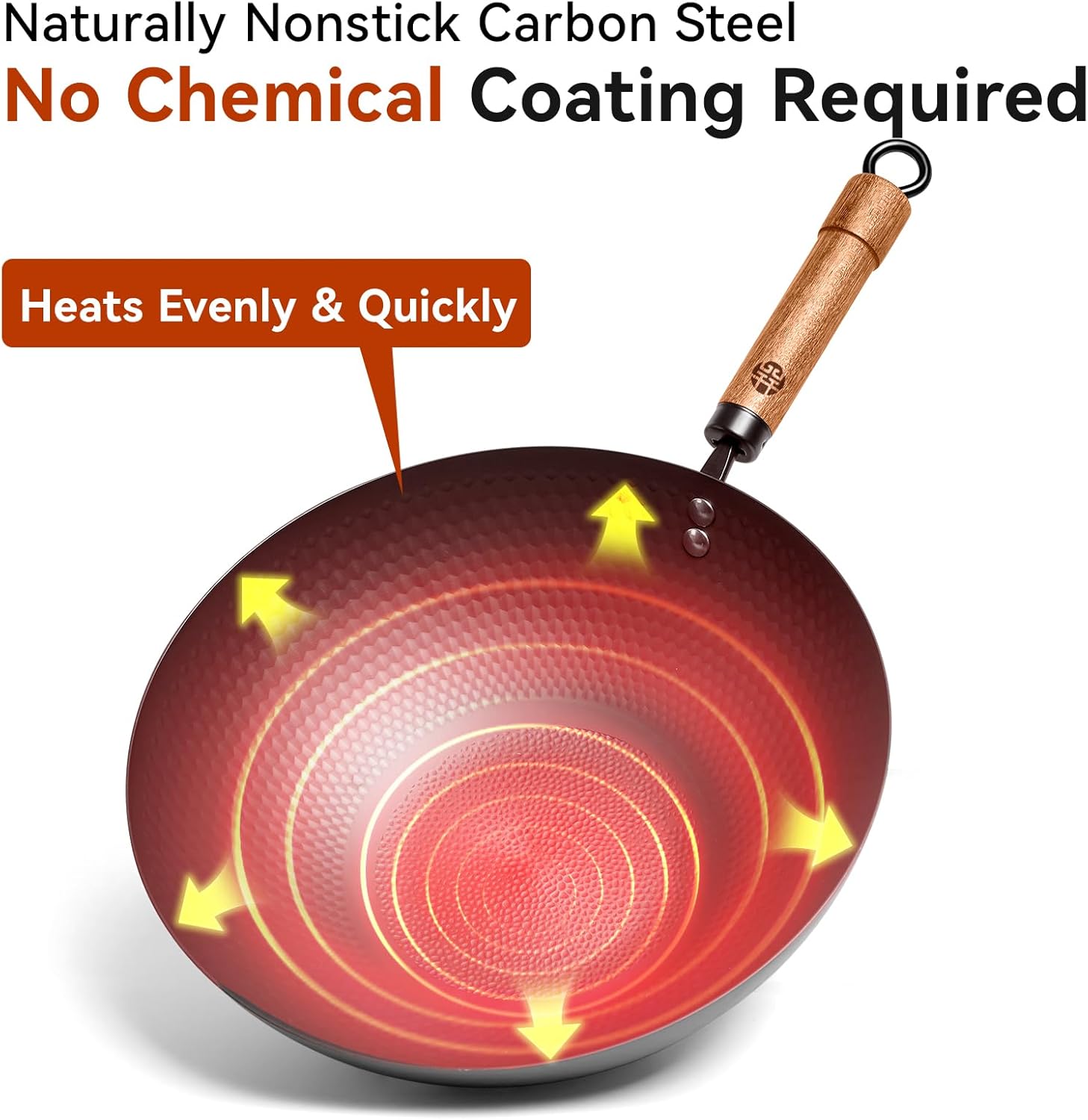 WANGYUANJI Carbon Steel Wok Pan with Lid, 12.6" Hammered Stir Fry Pan, Thickened Heavy Duty Flat Bottom Wok for Electric, Induction & Gas Stoves, Detachable Wood Handle, No Chemical Coating (Black) - Image 3