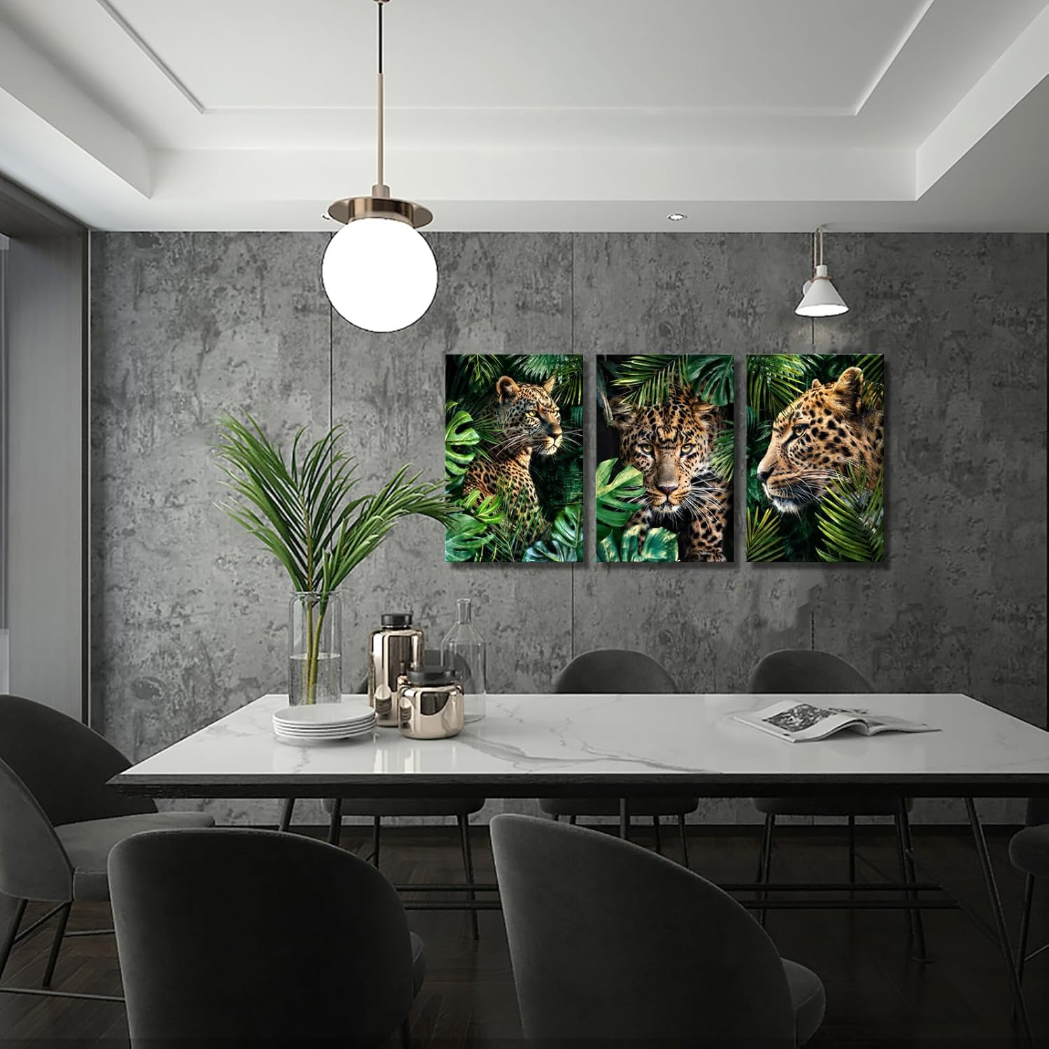 Derkymo Cool Leopard Paninting Prints Powerful Animal with Tropical Leaves Wall Art Modern Home Decoration Artwork Gallery Wrapped Framed Ready to Hang (16"x24"x3pcs)