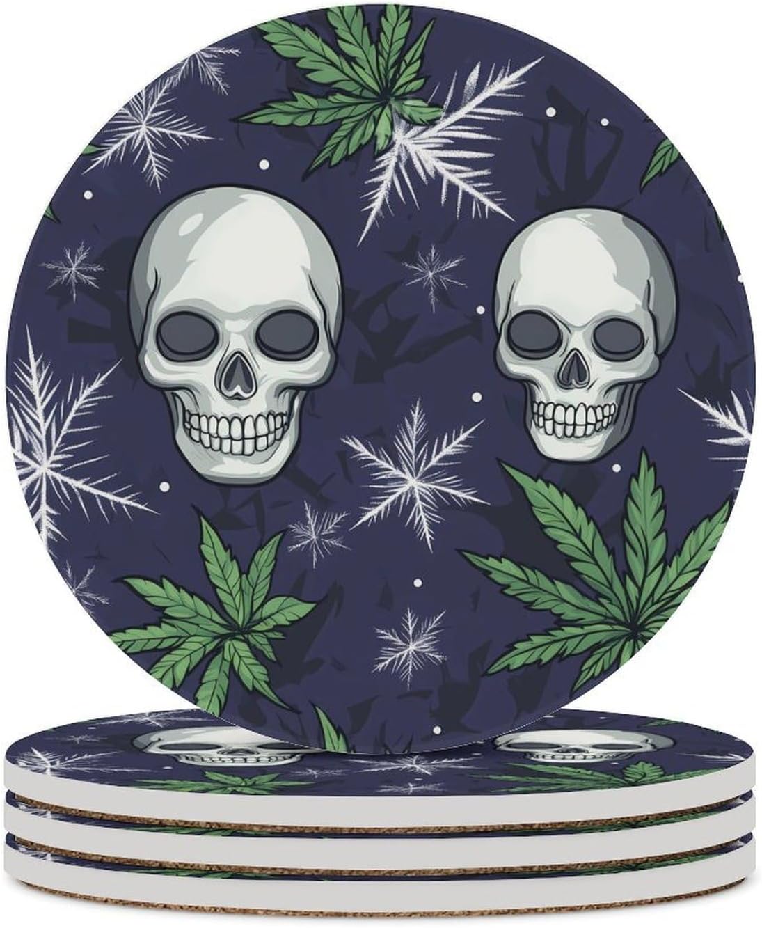 Weed Leaves Snowflakes Skulls Coasters for Drink Round Ceramic Coaster with Cork Base Home Decorative 4PCS