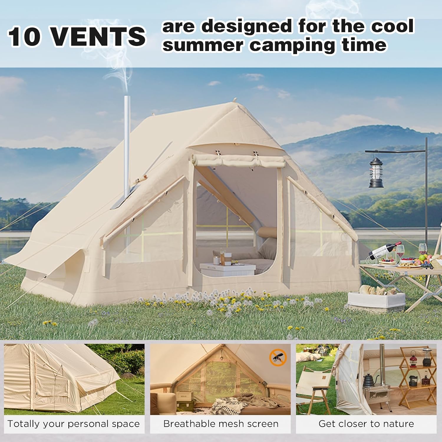 EROMMY Blow Up Camping Tent with Stove Jack, Waterproof Inflatable Tent with Hand Pump, Easy Setup 4-6 Person Cabin Tent for 4 Seasons