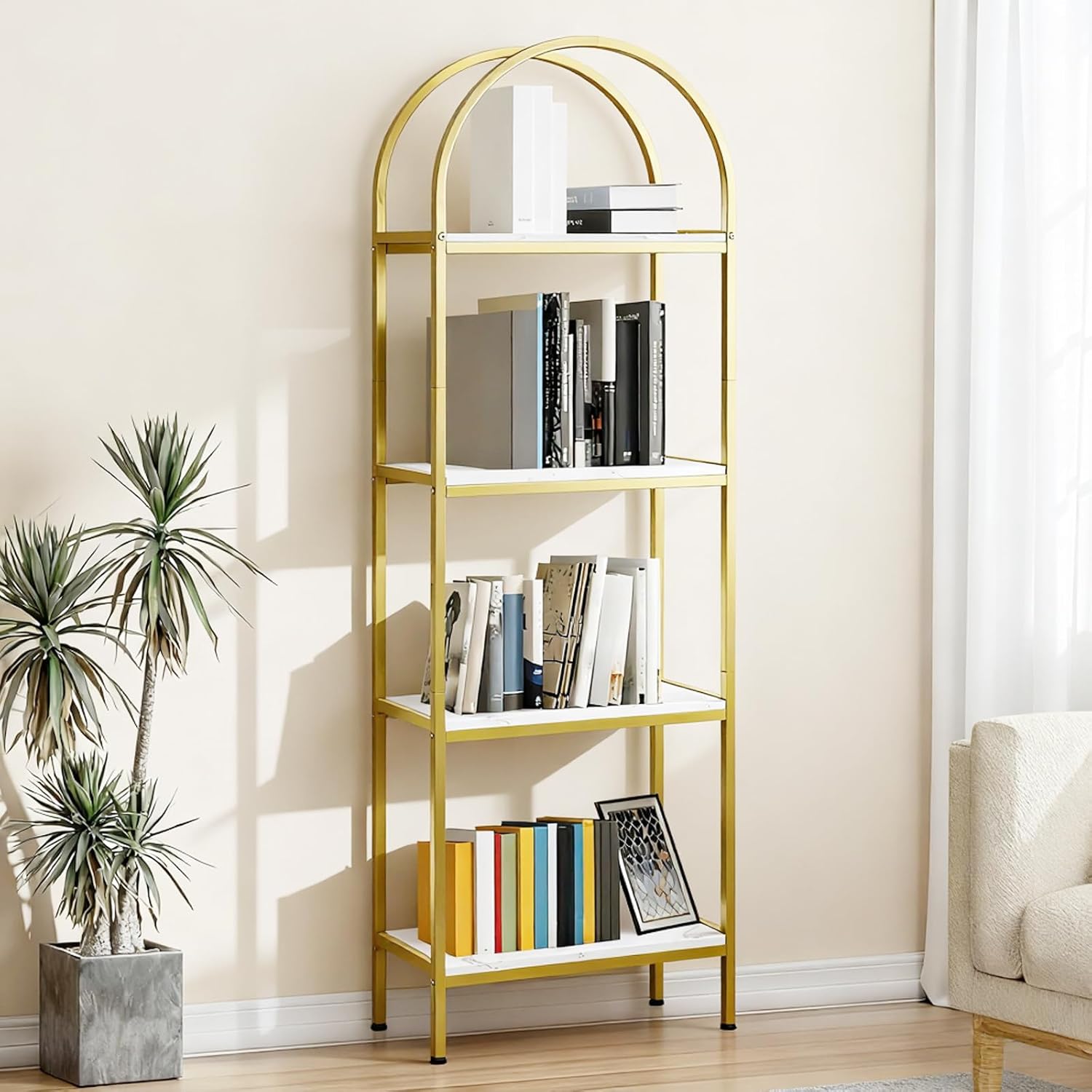IDEALHOUSE Bookshelf 5 Tier,Arched Display Racks,Tall Shelf for CDs/Books, Modern Storage Rack Shelf Large Wood Book Shelf for Bedroom, Living Room, Home Office
