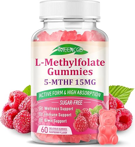 Gomitas de L-metilfolato de 15 mg, suplemento de metilfolato, suplemento de 5-MTHF - Activo 5-MTHF - Apoya el bienestar general, vegano, sabor a