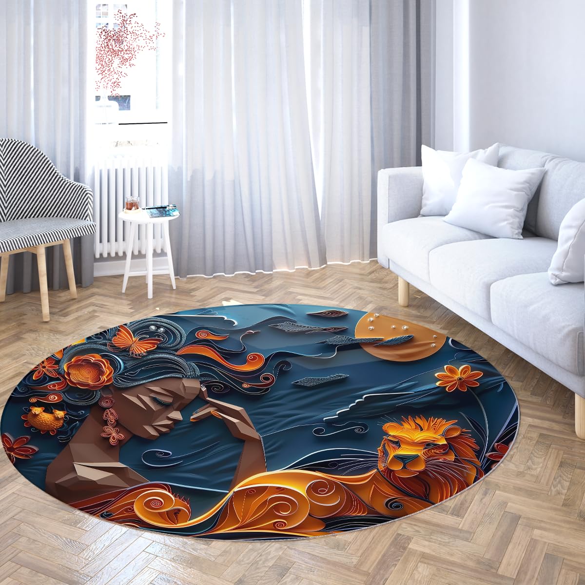 Tapis rond 180cm lavable bleu sous la table de salle à manger cosy