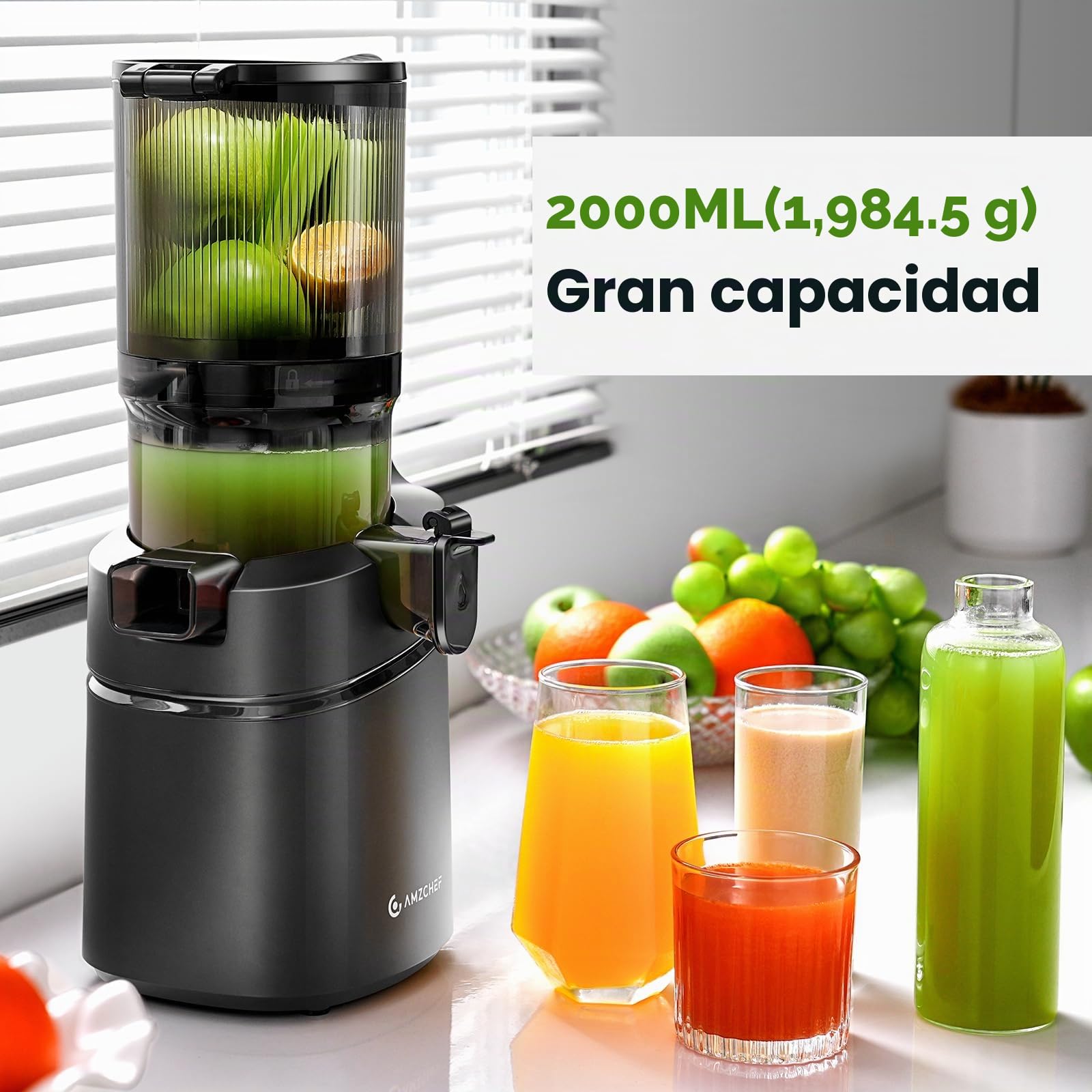 AMZCHEF Extractor de Zumos y Verduras Automático, 145MM Apertura y 1,8L Capacidad Licuadora para Verduras y Frutas Entera, 250W Licuadora Prensado en Frio Lento con Triple Filtro - Negro