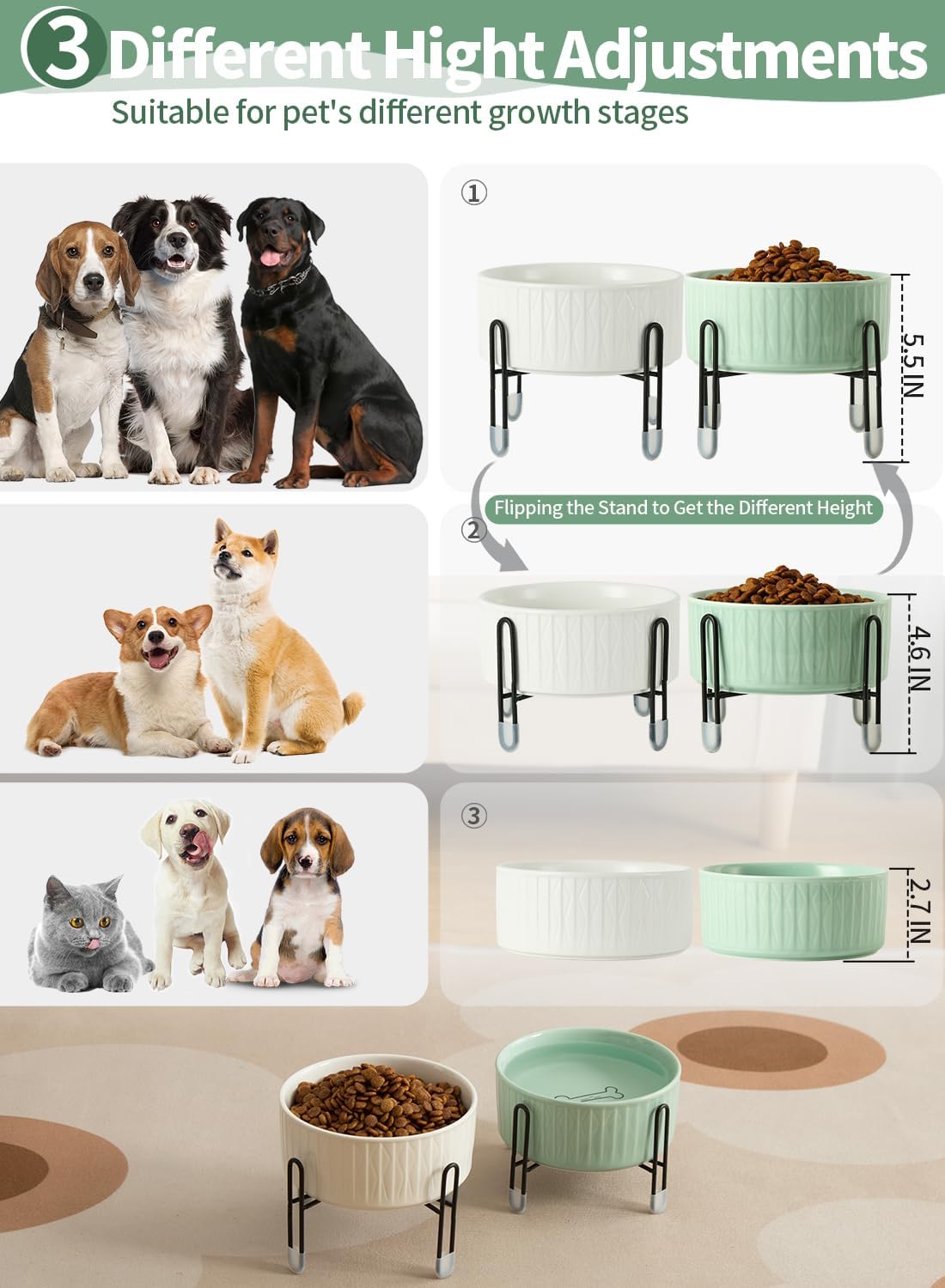 OMAYKEY 32 OZ Ceramic Dog Cat Bowls with Elevated Metal Stand, 2 Heights Elevated, 6.5 Inch Ceramic Round Pet Food and Water Feeder Bowl Dish for Cats & Dogs, White & Green