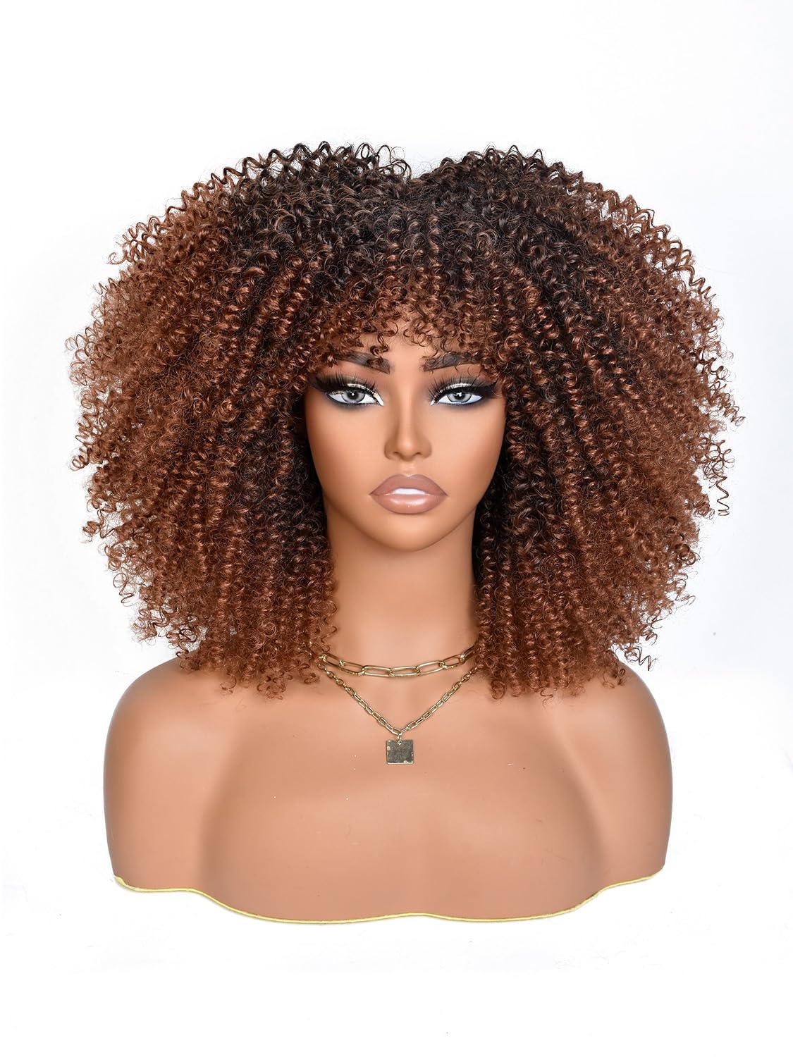 Ombre Brown Afro Curly Wig with Bangs 14 Inch Short Synthetic Afro Wig Black Kinky Curly Wigs for Women Shake and Go Wigs for Daily And Party Use