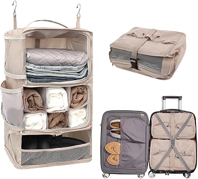 TABITORA Travel Portable Hanging Shelves Closet Organizer Packing Luggage Organizer and Storage with Multifunctional and Foldable Invisible Compartment,Lightweight, for Suitcase, RV,Closet...Beige,XL