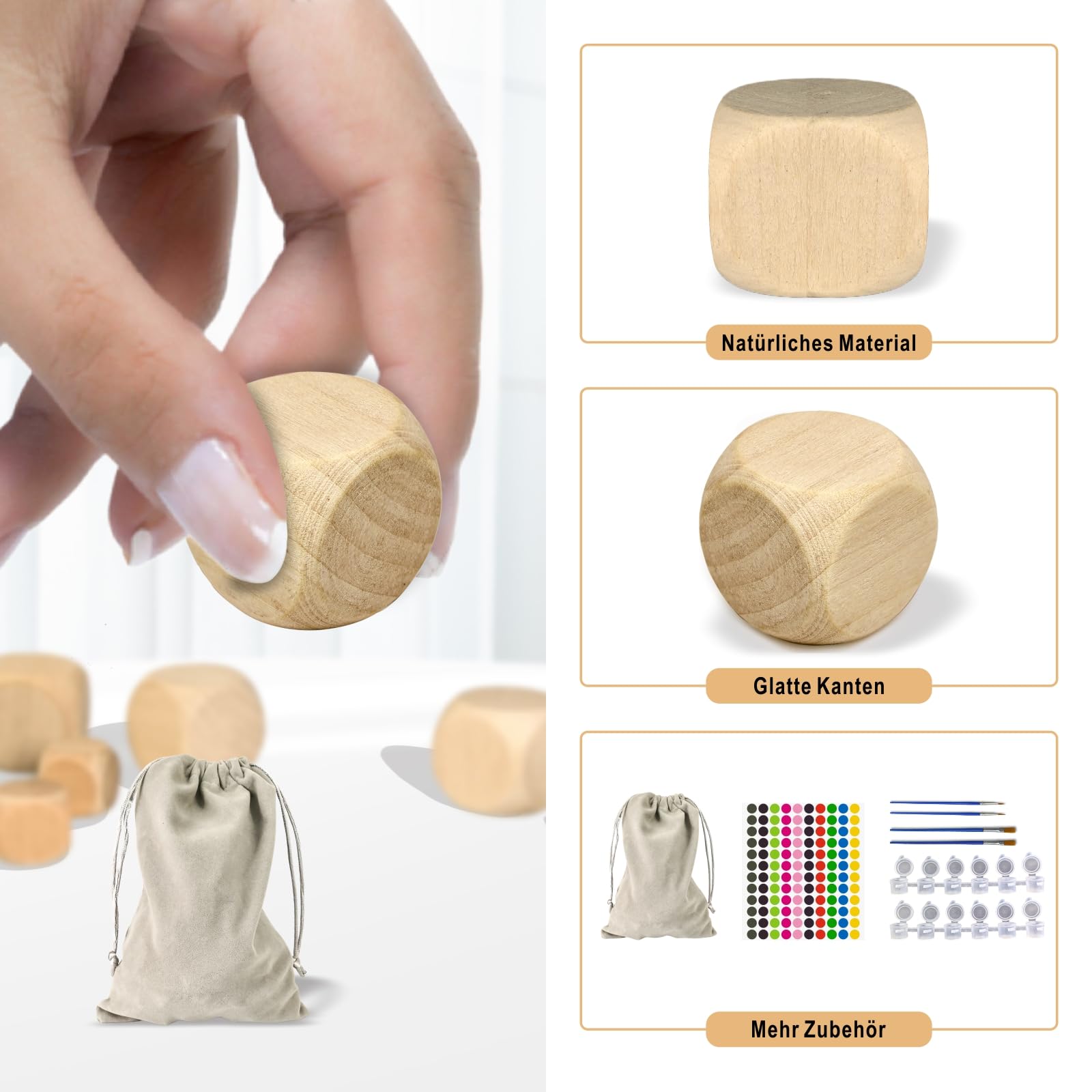 50 Dados De Madera En Blanco De 20mm Y 12mm Con Pegatinas Y Pinturas – Kit DIY Para Decisiones Y Manualidades