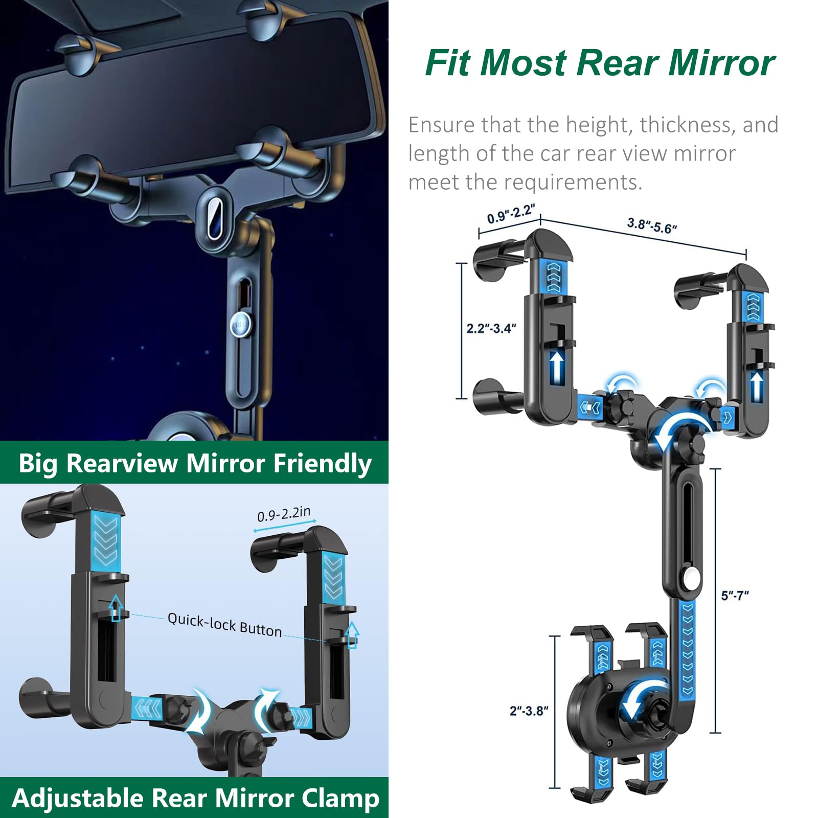PKYAA Soporte de teléfono para espejo retrovisor para coche, soporte giratorio de 360° con longitud de brazo ajustable, cuatro esquinas mejoradas, diseño multifuncional fijo antivibración para todos