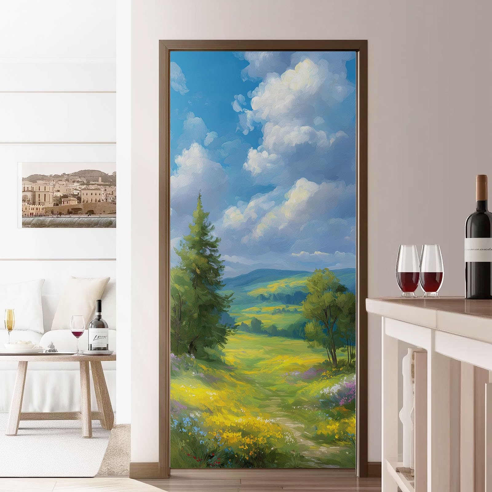 Carta da parati autoadesiva per porta, 80 x 210 cm, paesaggio naturale, in PVC, colore blu e verde, per bagno, soggiorno, cucina