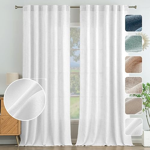 MIULEE Cortinas de lino sintético de 90 pulgadas de largo, cortinas semitransparentes blancas con bolsillo para barra, pestaña trasera, cortinas de