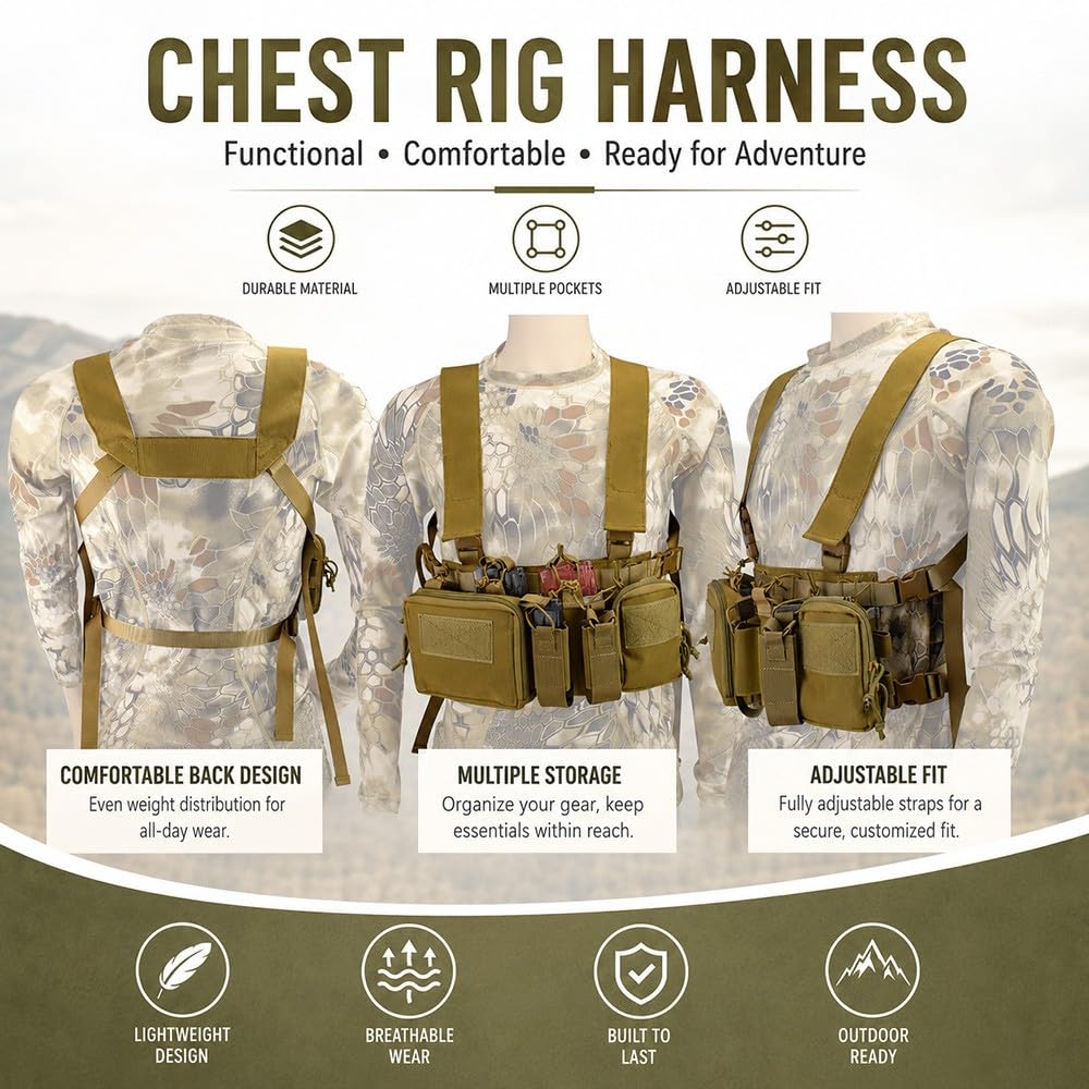 Chaleco Táctico Chest Rig Con Sistema MOLLE,Bolsa Pecho Ajustable Porta Multifunción Ideal Para Airsoft Caza Tiro Deportivo Senderismo Pesca Entrenamiento Outdoor