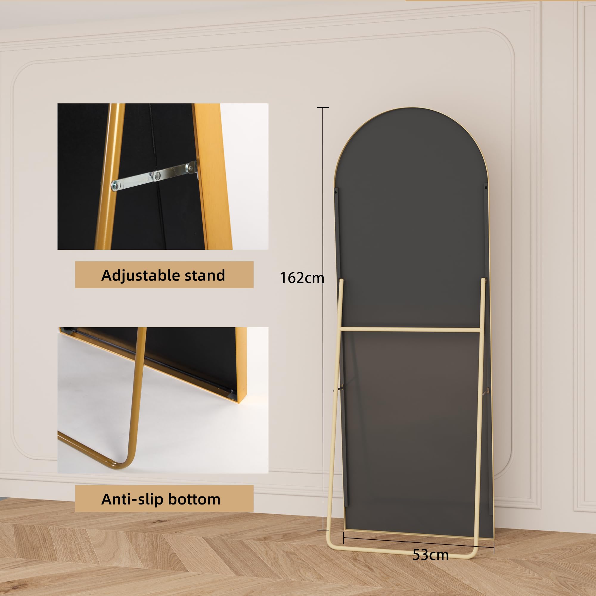 BRILVERDE Miroir pleine longueur, arc, 162 x 53 cm, grand miroir mural pleine longueur, avec cadre en aluminium, miroir mural complet avec support, pour chambre à coucher, entrée, couloir (doré A)
