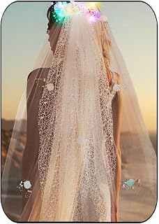 HEREAD Light Up Veils for Women Wedding White Short Fingertip Length Veil for Bachelorette with Comb and Cut Edge (Colorful Light)