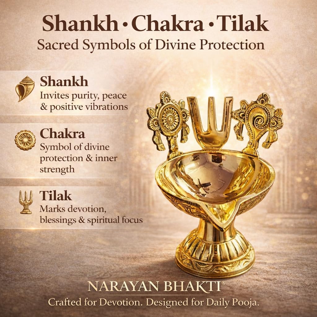 Narayan bhaktiᵀᴹ Pure Brass shankh Chakra namam Diya for Pooja | vaishnav Vishnu Temple Oil lamp for Home mandir | Traditional Hindu Decorative Brass Diya(W: 2.5" H: 3.5"|| Weight:165gm) (Pack of 1)