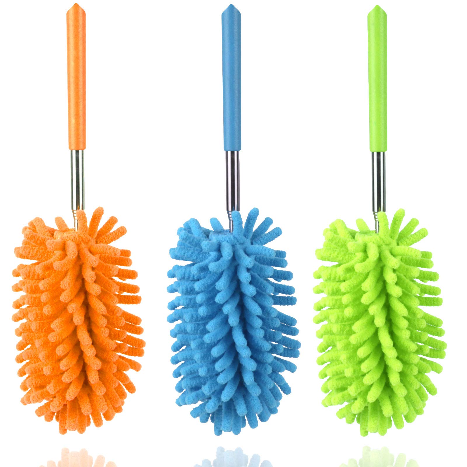Lorpect Microfiber Duster for Cleaning, Dusters with Telescoping Extension Pole, Extendable Washable Mini Dusters for Cleaning Car, Window, Furniture, Office (Blue Green Orange)