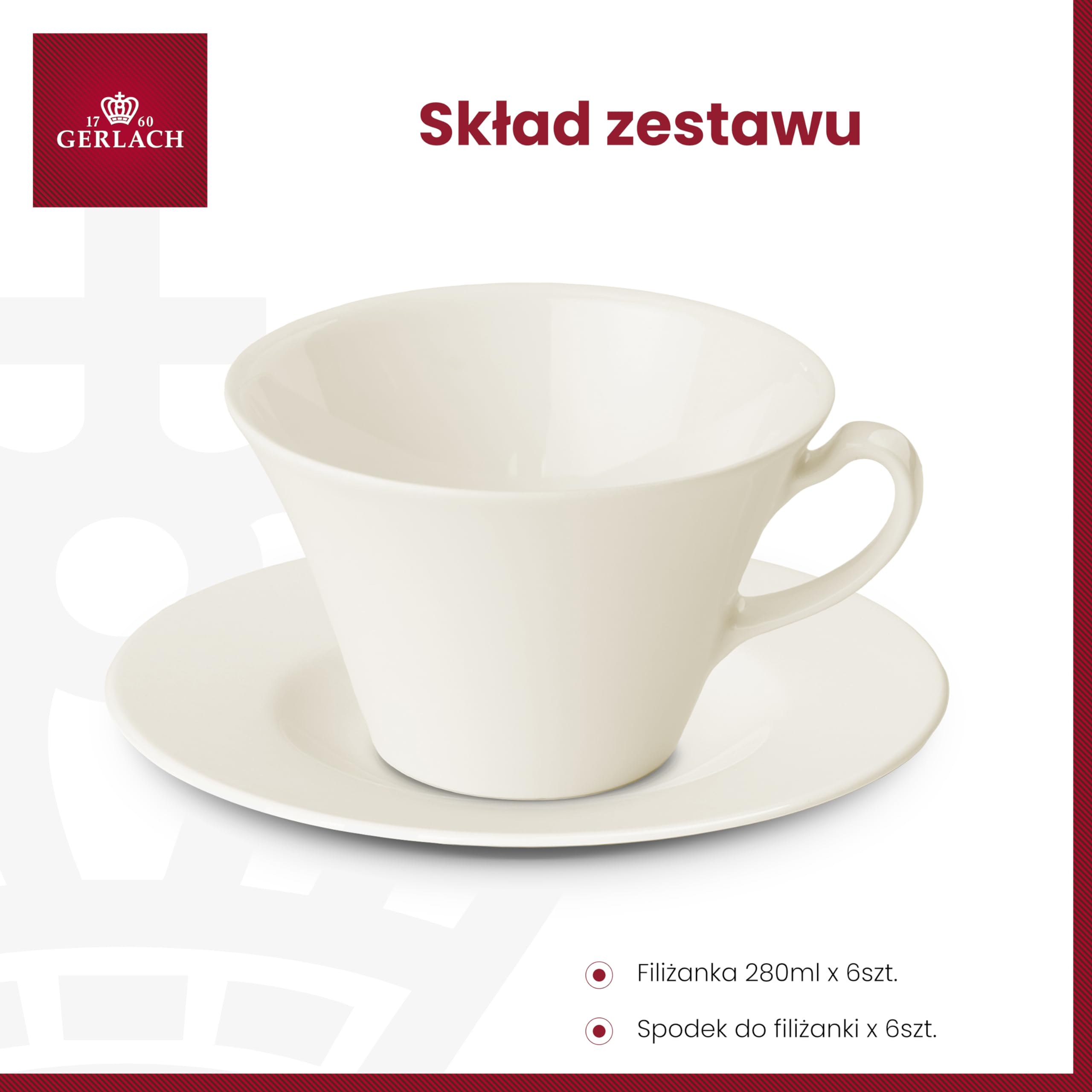 Gerlach Muza Zestaw Filiżanek Ze Spodkiem Dla 6 Osób Filiżanki 250 ml Do Kawy Herbaty Z Podstawką Komplet Porcelanowych Filiżanek W Kolorze Kości Słoniowej