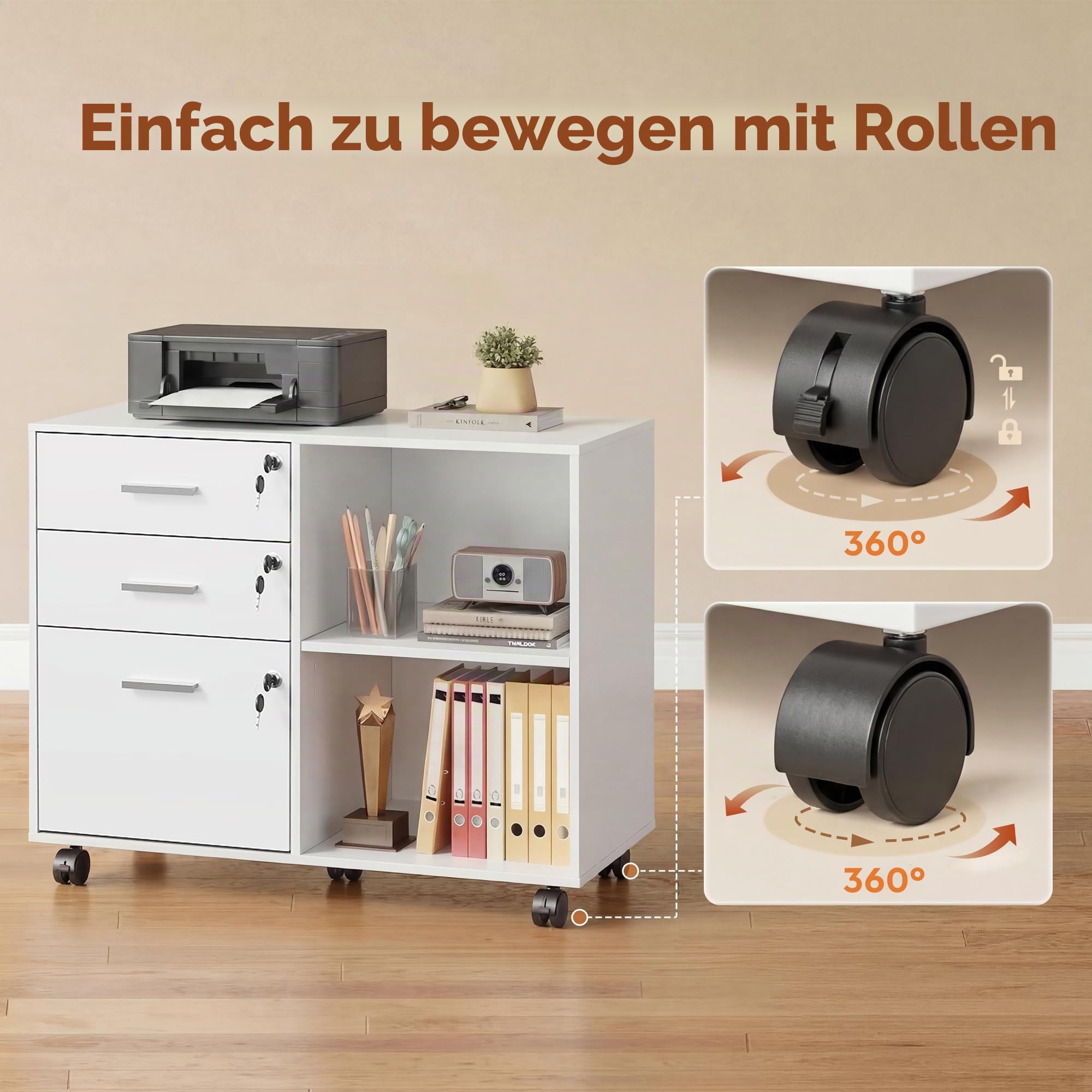DEVAISE Rollcontainer abschließbar mit 3 Schubladen und offenen Fächern, Schreibtisch Schrank für Büro, Home Office, Rollcontainer Weiß für DIN A4/Legal/Letter,Weiß